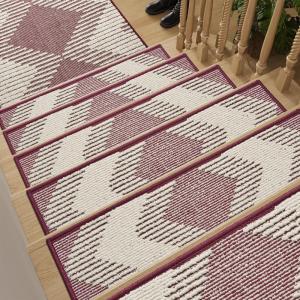 imagePADOOR 15PC StairTreads Non Slip 3D Peel and Stick Stair Treads for Wooden Steps Indoor StairCarpet Treads Washable Reusable Adhesive StairRunner Rugs for Kids and Dogs 8quotx30quot BrownRed