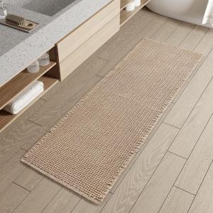 imagePADOOR Checkered Bath Mat Super Absorbent Non Slip Bath Mats for Bathroom Floor 3D Two Tone Woven Bathroom Mat with Tassels Machine Washable Bathroom Rugs Beside Tub 17quot x 24quot Darkgrey ampamp CreamBrown