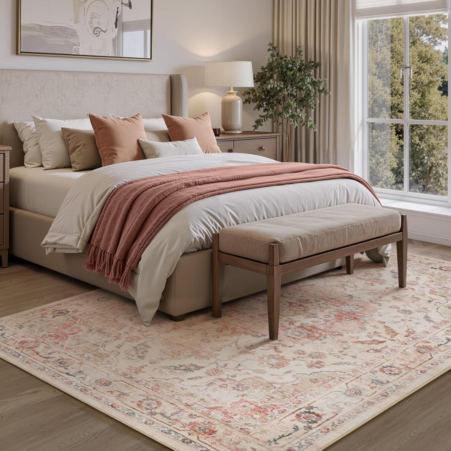 imagePADOORVintage Area Rug 5X7 Rugs for Living RoomSoft Beige Rugs for BedroomMachine Washable Rugs Non Slip CarpetRug for Dining Room Living Room Bedside OfficePink