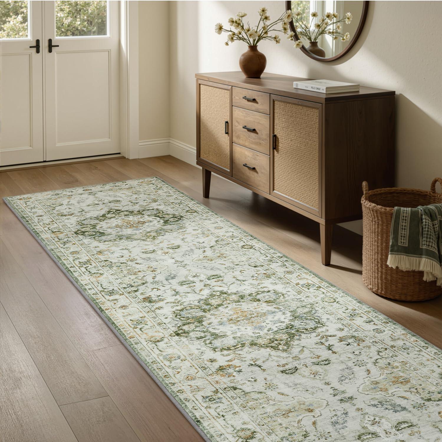 imagePADOORVintage Area Rug 5X7 Rugs for Living RoomSoft Beige Rugs for BedroomMachine Washable Rugs Non Slip CarpetRug for Dining Room Living Room Bedside OfficeGreen