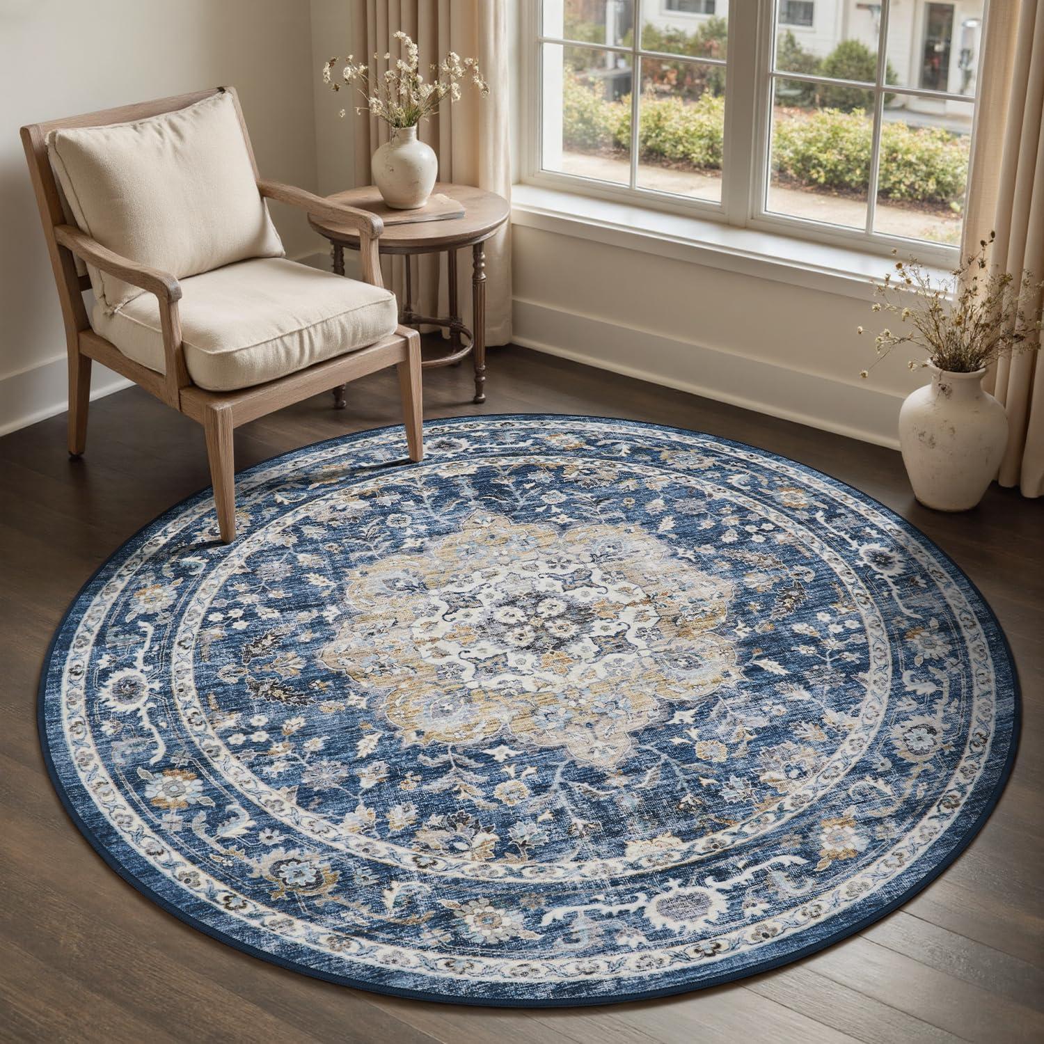 imagePADOORVintage Area Rug 5X7 Rugs for Living RoomSoft Beige Rugs for BedroomMachine Washable Rugs Non Slip CarpetRug for Dining Room Living Room Bedside OfficeBlue