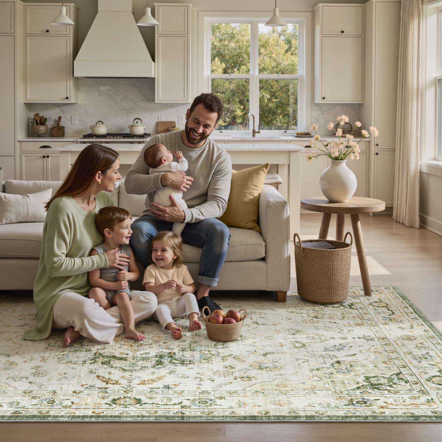 imagePADOORVintage Area Rug 5X7 Rugs for Living RoomSoft Beige Rugs for BedroomMachine Washable Rugs Non Slip CarpetRug for Dining Room Living Room Bedside OfficeGreen