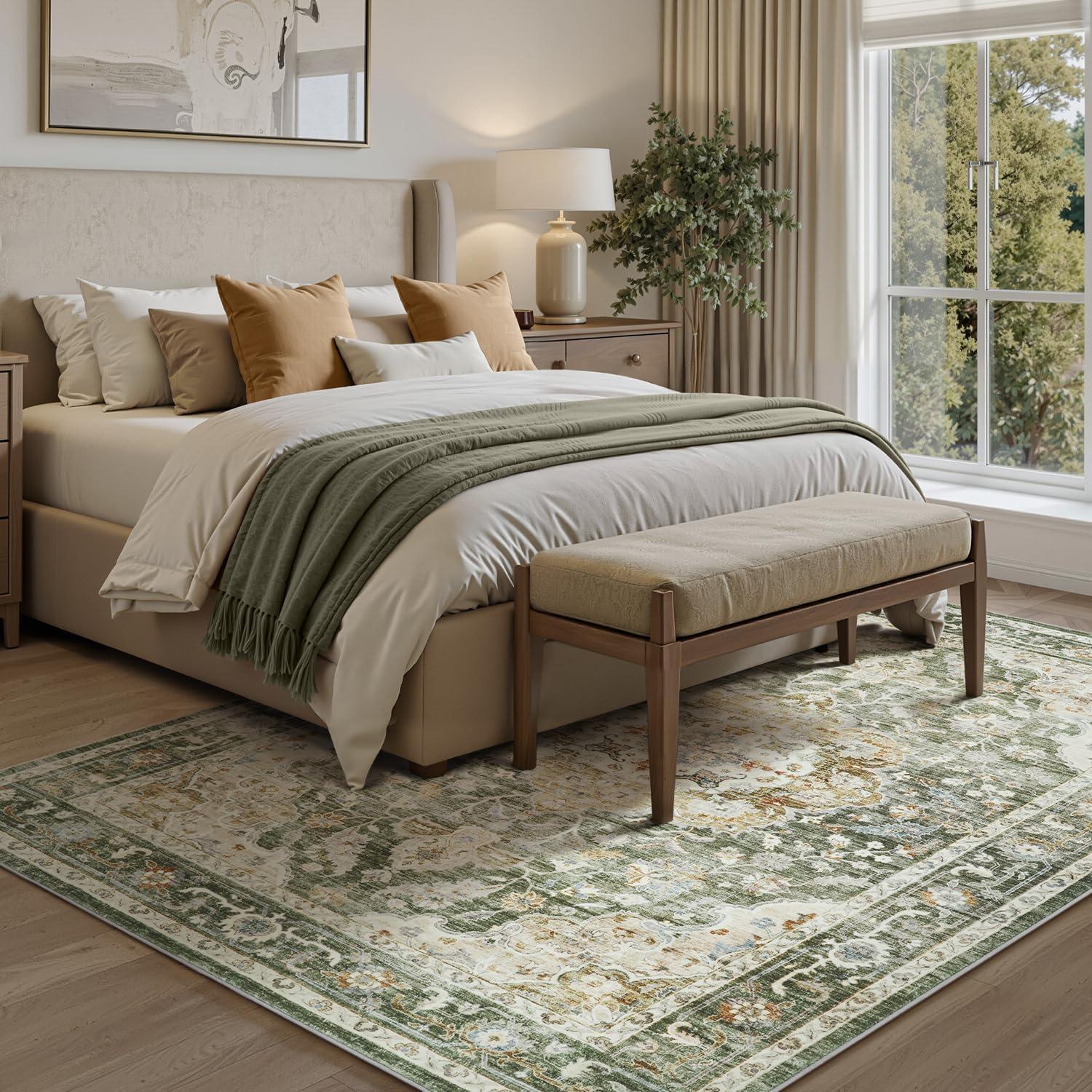 imagePADOORVintage Area Rug 5X7 Rugs for Living RoomSoft Beige Rugs for BedroomMachine Washable Rugs Non Slip CarpetRug for Dining Room Living Room Bedside OfficeOlive