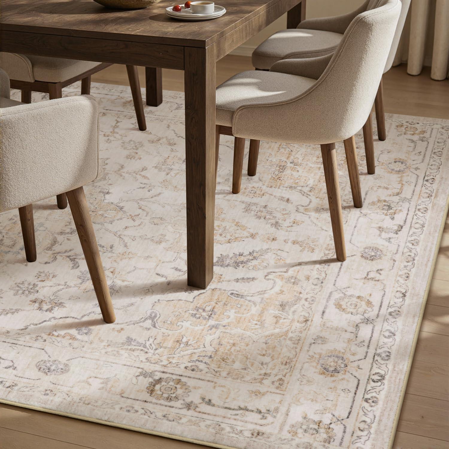 imagePADOORVintage Area Rug 5X7 Rugs for Living RoomSoft Beige Rugs for BedroomMachine Washable Rugs Non Slip CarpetRug for Dining Room Living Room Bedside OfficeBeige
