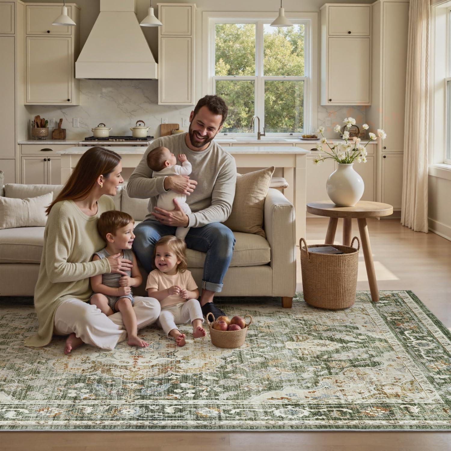 imagePADOORVintage Area Rug 5X7 Rugs for Living RoomSoft Beige Rugs for BedroomMachine Washable Rugs Non Slip CarpetRug for Dining Room Living Room Bedside OfficeOlive