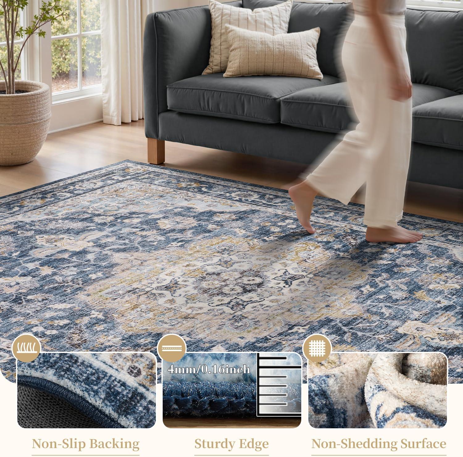 imagePADOORVintage Area Rug 5X7 Rugs for Living RoomSoft Beige Rugs for BedroomMachine Washable Rugs Non Slip CarpetRug for Dining Room Living Room Bedside OfficeBlue