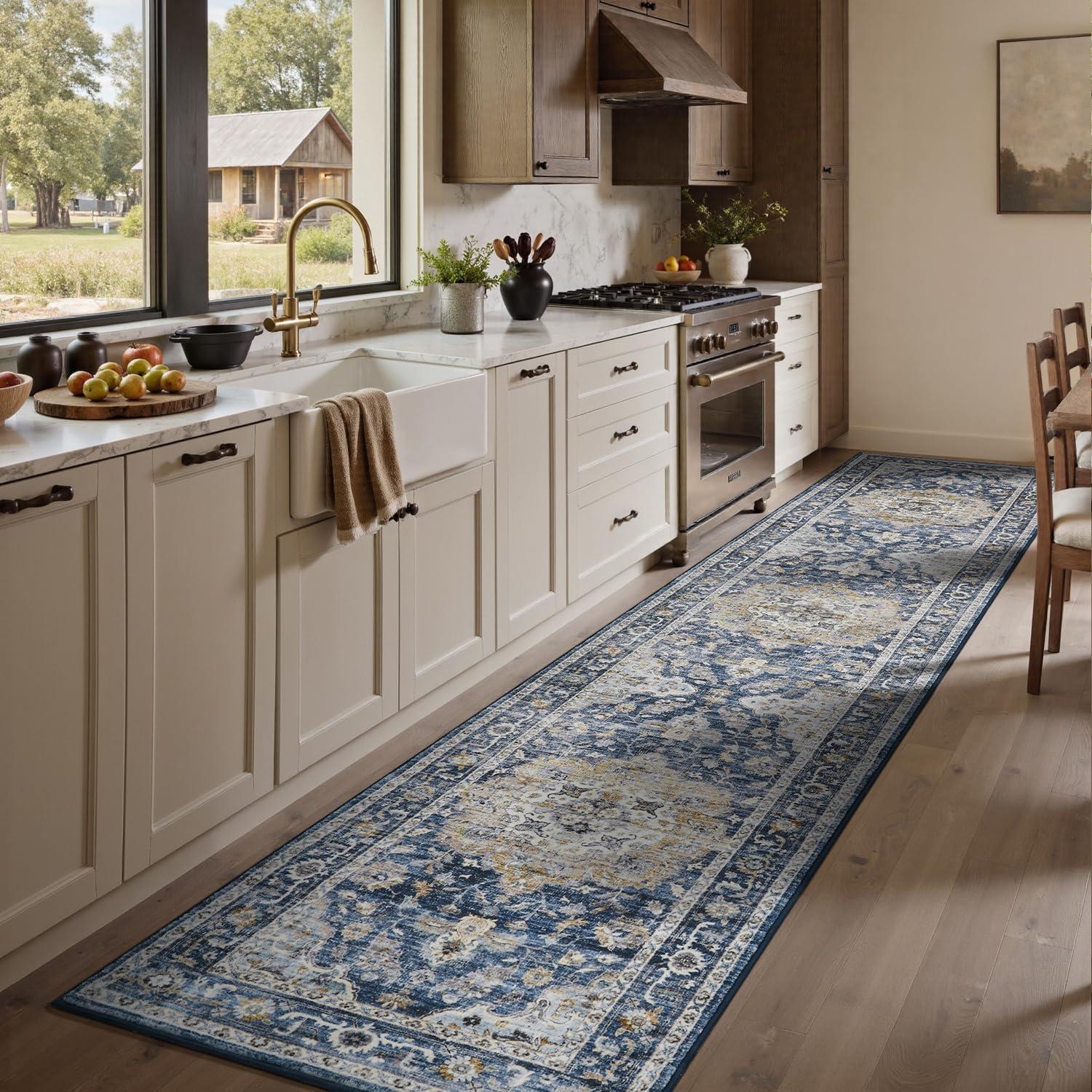 imagePADOORVintage Area Rug 5X7 Rugs for Living RoomSoft Beige Rugs for BedroomMachine Washable Rugs Non Slip CarpetRug for Dining Room Living Room Bedside OfficeBlue
