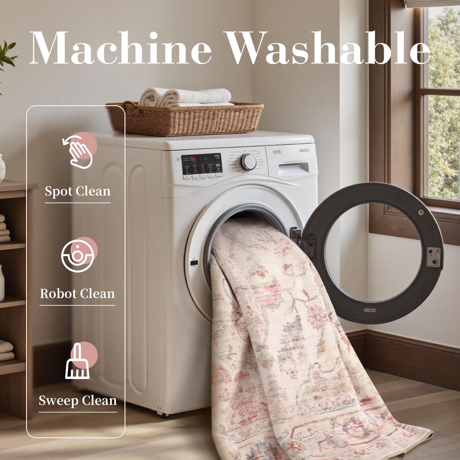 imagePADOORVintage Area Rug 5X7 Rugs for Living RoomSoft Beige Rugs for BedroomMachine Washable Rugs Non Slip CarpetRug for Dining Room Living Room Bedside OfficePink