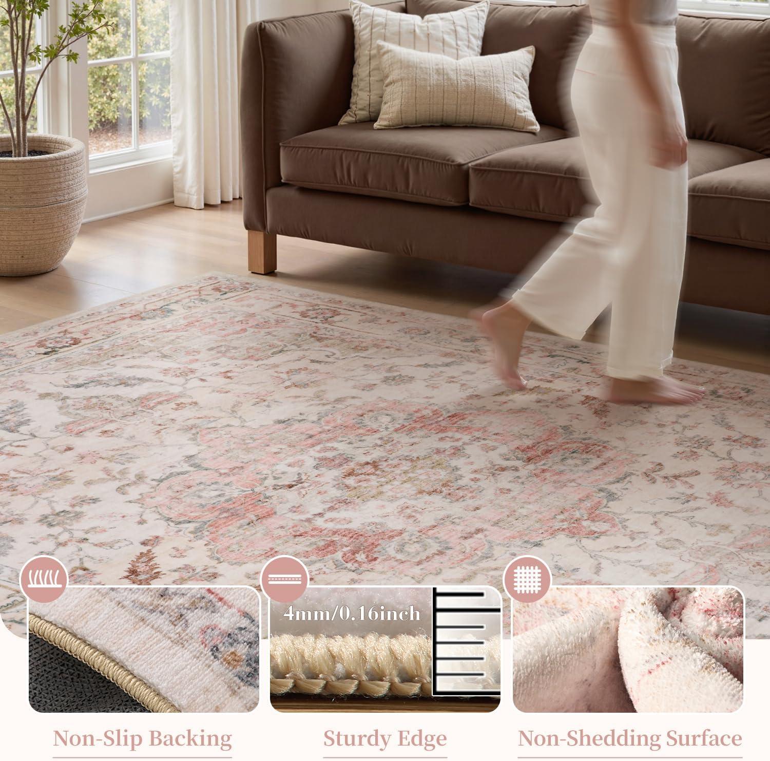 imagePADOORVintage Area Rug 5X7 Rugs for Living RoomSoft Beige Rugs for BedroomMachine Washable Rugs Non Slip CarpetRug for Dining Room Living Room Bedside OfficePink