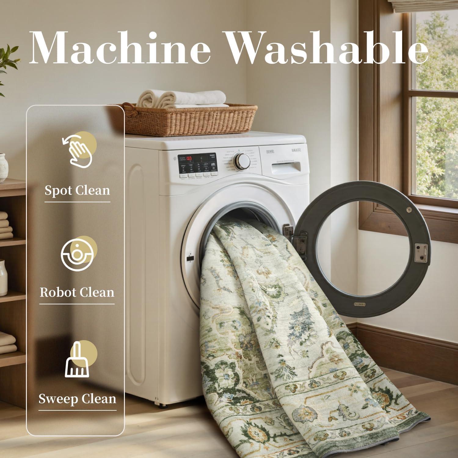 imagePADOORVintage Area Rug 5X7 Rugs for Living RoomSoft Beige Rugs for BedroomMachine Washable Rugs Non Slip CarpetRug for Dining Room Living Room Bedside OfficeGreen