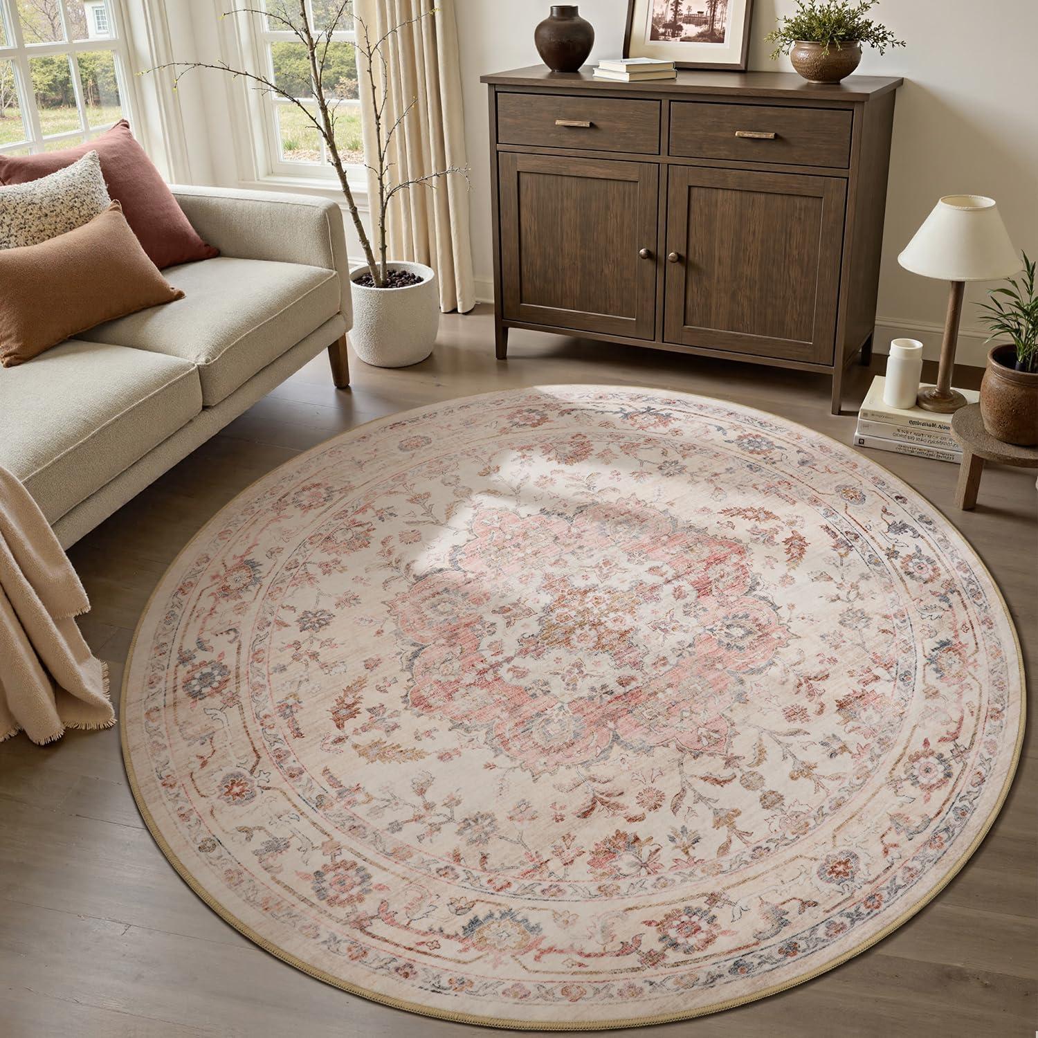 imagePADOORVintage Area Rug 5X7 Rugs for Living RoomSoft Beige Rugs for BedroomMachine Washable Rugs Non Slip CarpetRug for Dining Room Living Room Bedside OfficePink