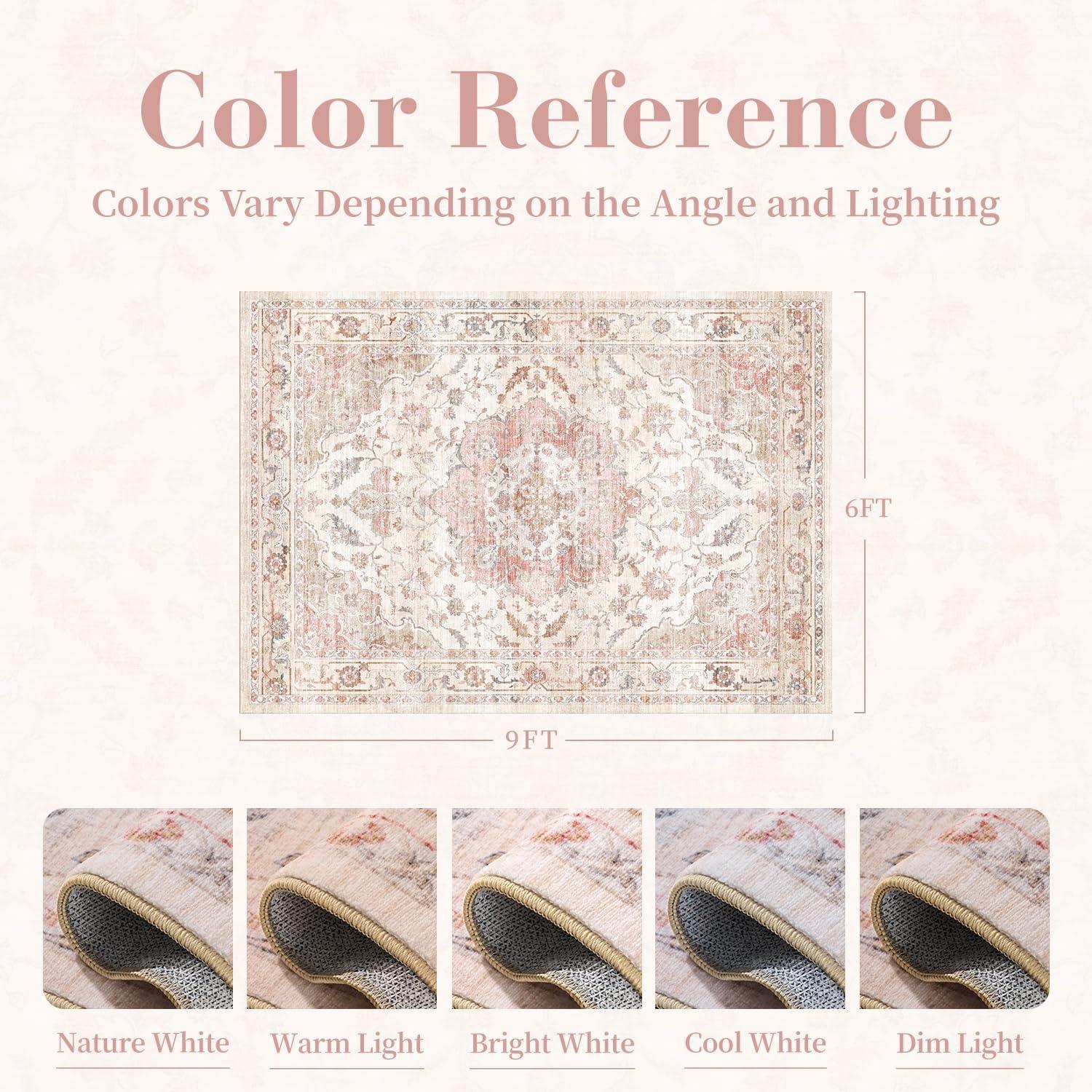 imagePADOORVintage Area Rug 5X7 Rugs for Living RoomSoft Beige Rugs for BedroomMachine Washable Rugs Non Slip CarpetRug for Dining Room Living Room Bedside OfficePink