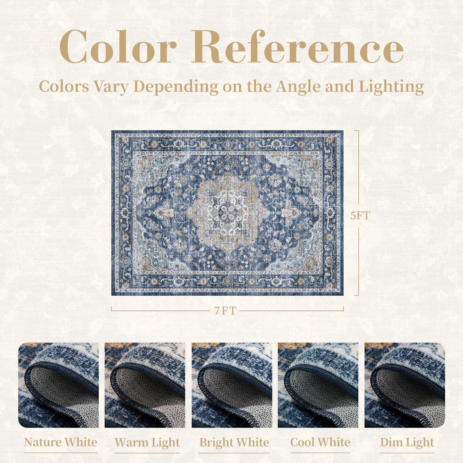 imagePADOORVintage Area Rug 5X7 Rugs for Living RoomSoft Beige Rugs for BedroomMachine Washable Rugs Non Slip CarpetRug for Dining Room Living Room Bedside OfficeBlue