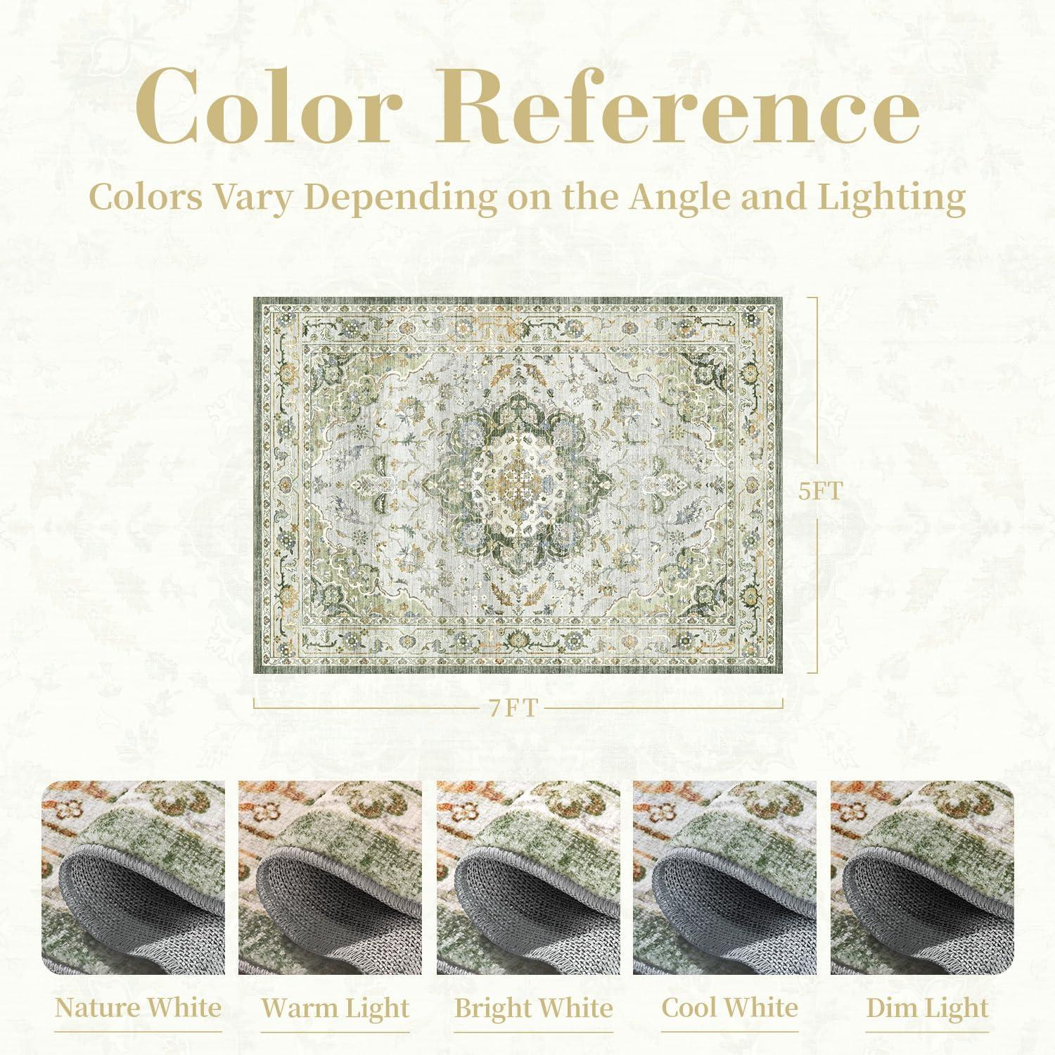 imagePADOORVintage Area Rug 5X7 Rugs for Living RoomSoft Beige Rugs for BedroomMachine Washable Rugs Non Slip CarpetRug for Dining Room Living Room Bedside OfficeGreen