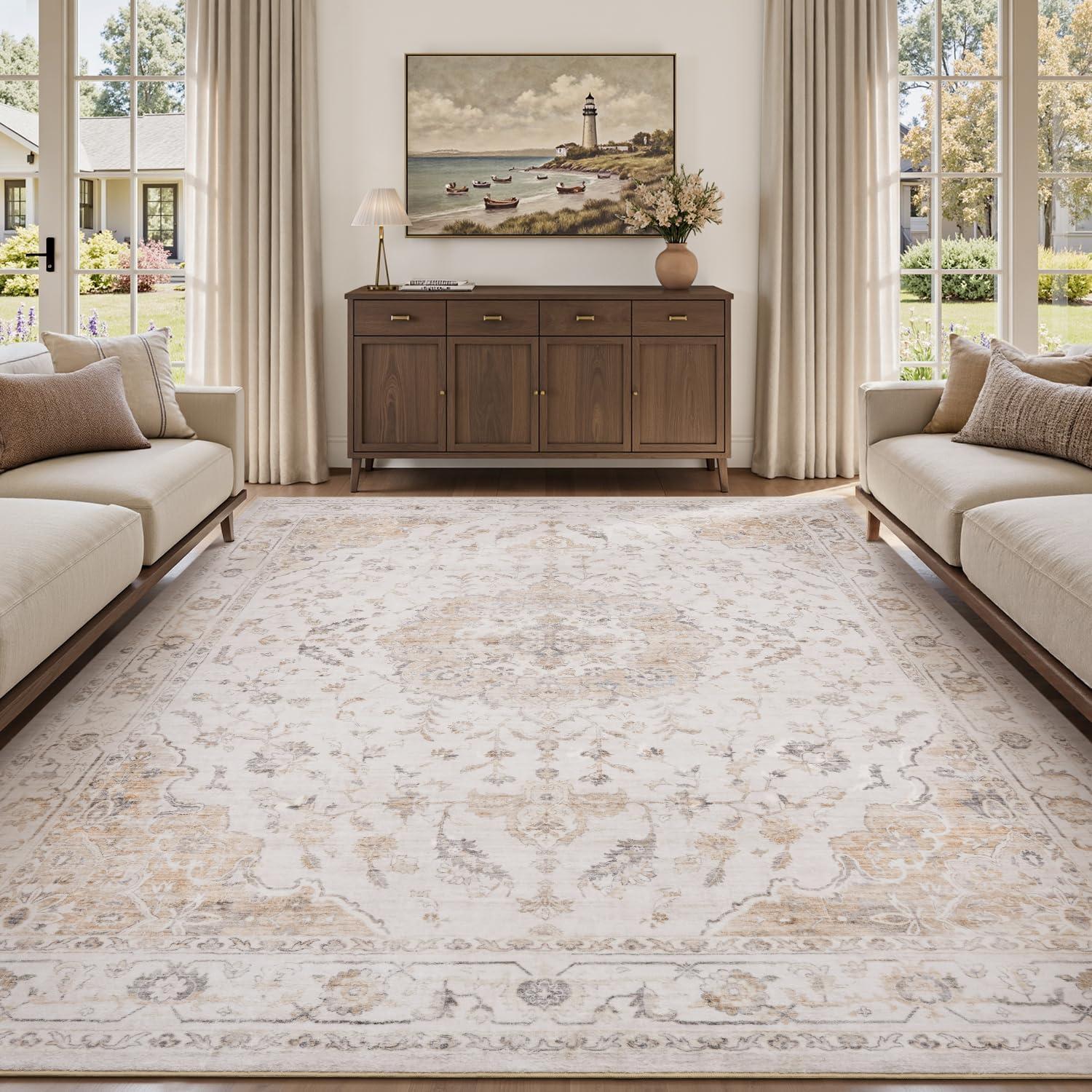 imagePADOORVintage Area Rug 5X7 Rugs for Living RoomSoft Beige Rugs for BedroomMachine Washable Rugs Non Slip CarpetRug for Dining Room Living Room Bedside OfficeBeige