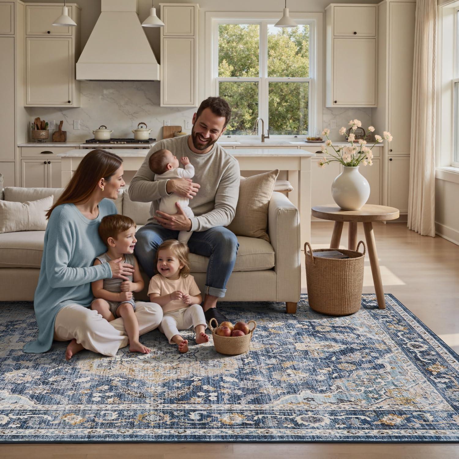 imagePADOORVintage Area Rug 5X7 Rugs for Living RoomSoft Beige Rugs for BedroomMachine Washable Rugs Non Slip CarpetRug for Dining Room Living Room Bedside OfficeBlue