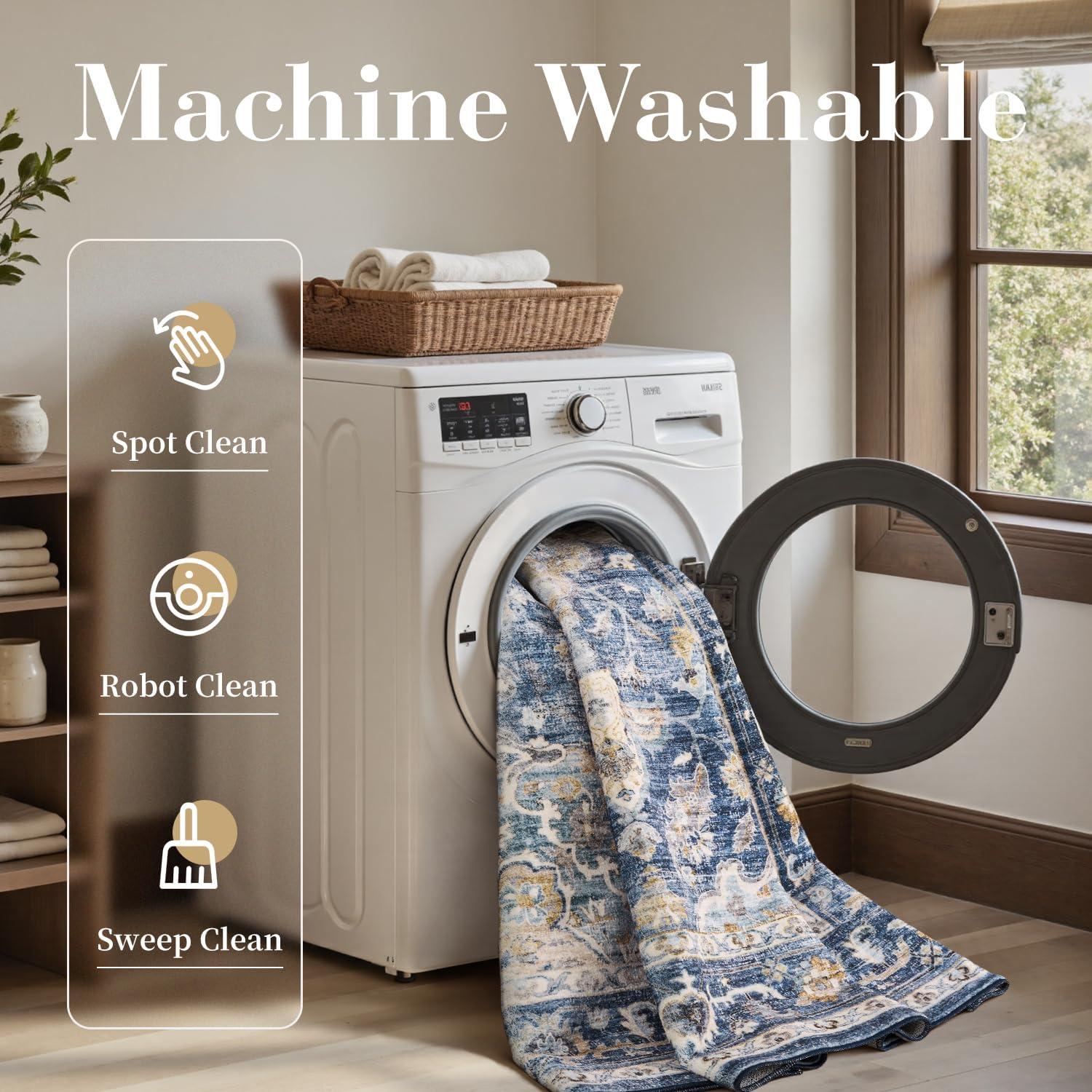 imagePADOORVintage Area Rug 5X7 Rugs for Living RoomSoft Beige Rugs for BedroomMachine Washable Rugs Non Slip CarpetRug for Dining Room Living Room Bedside OfficeBlue