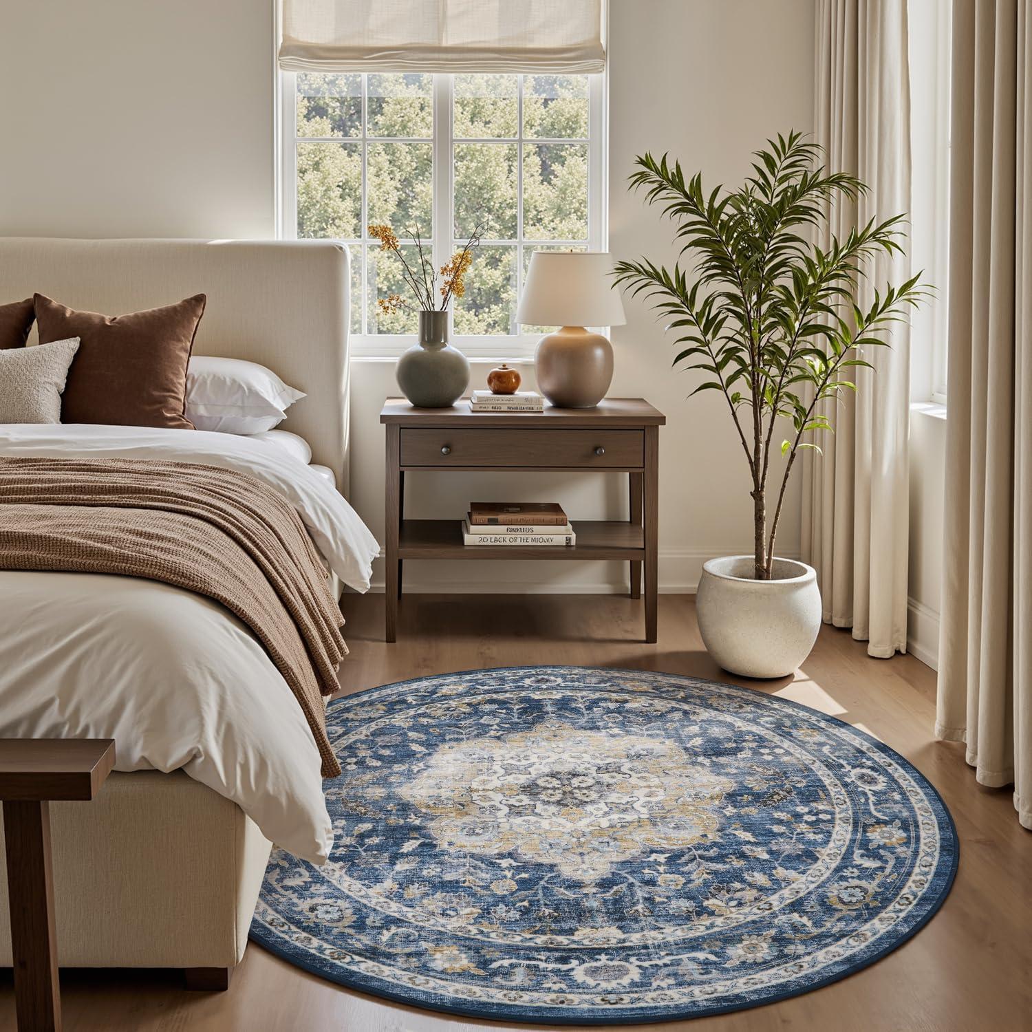 imagePADOORVintage Area Rug 5X7 Rugs for Living RoomSoft Beige Rugs for BedroomMachine Washable Rugs Non Slip CarpetRug for Dining Room Living Room Bedside OfficeBlue