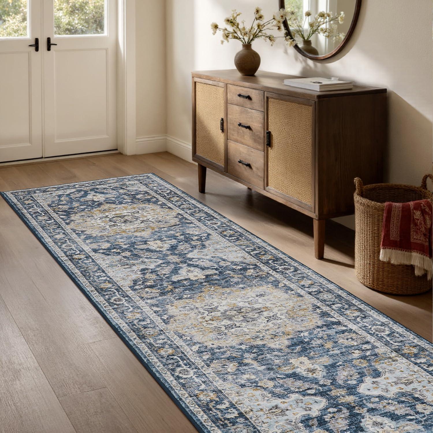 imagePADOORVintage Area Rug 5X7 Rugs for Living RoomSoft Beige Rugs for BedroomMachine Washable Rugs Non Slip CarpetRug for Dining Room Living Room Bedside OfficeBlue