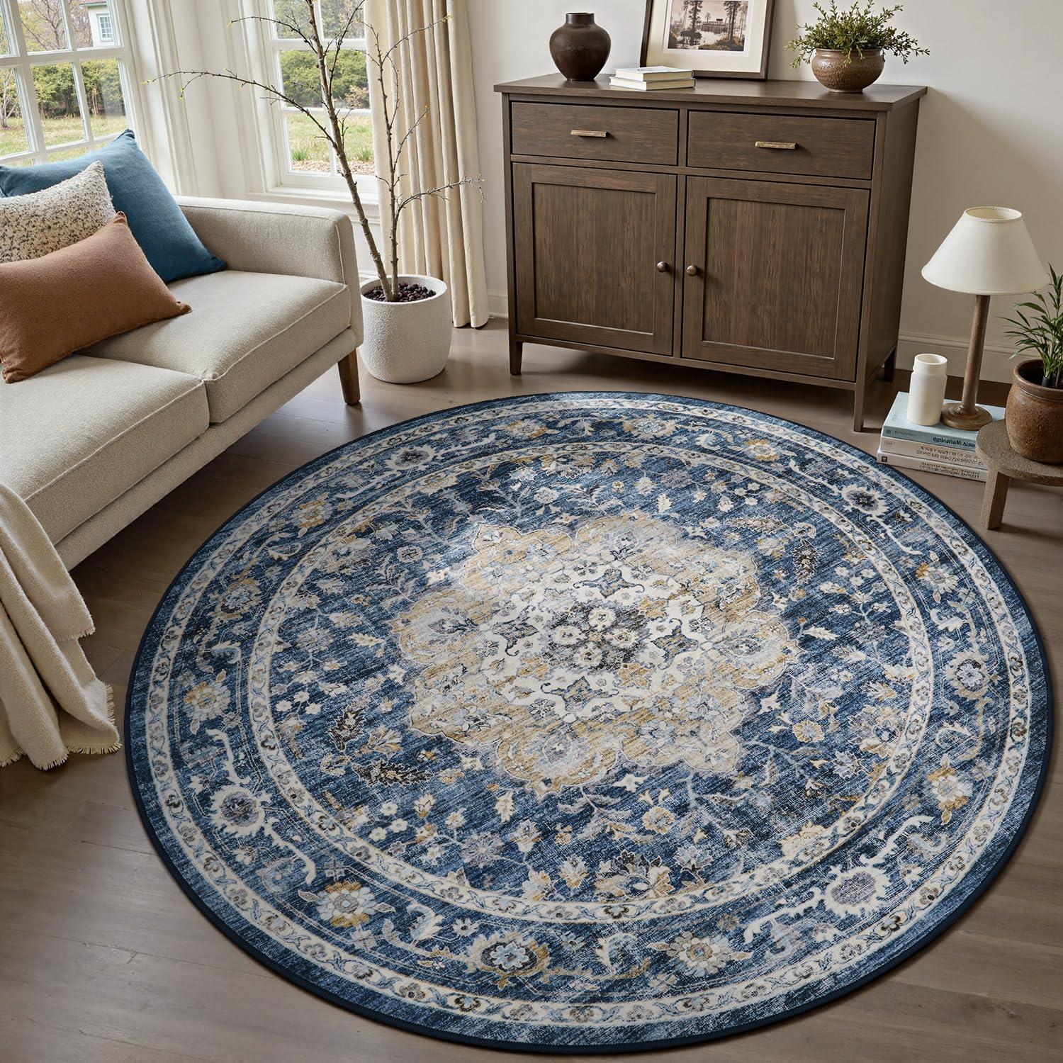 imagePADOORVintage Area Rug 5X7 Rugs for Living RoomSoft Beige Rugs for BedroomMachine Washable Rugs Non Slip CarpetRug for Dining Room Living Room Bedside OfficeBlue