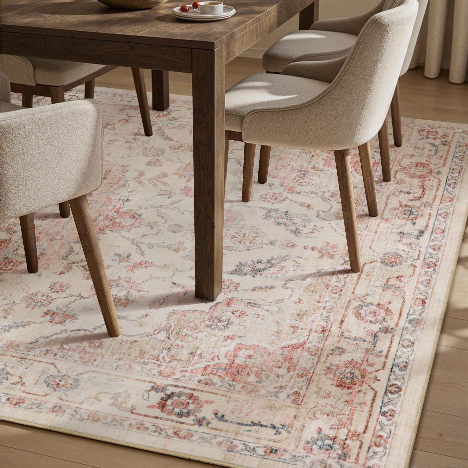 imagePADOORVintage Area Rug 5X7 Rugs for Living RoomSoft Beige Rugs for BedroomMachine Washable Rugs Non Slip CarpetRug for Dining Room Living Room Bedside OfficePink