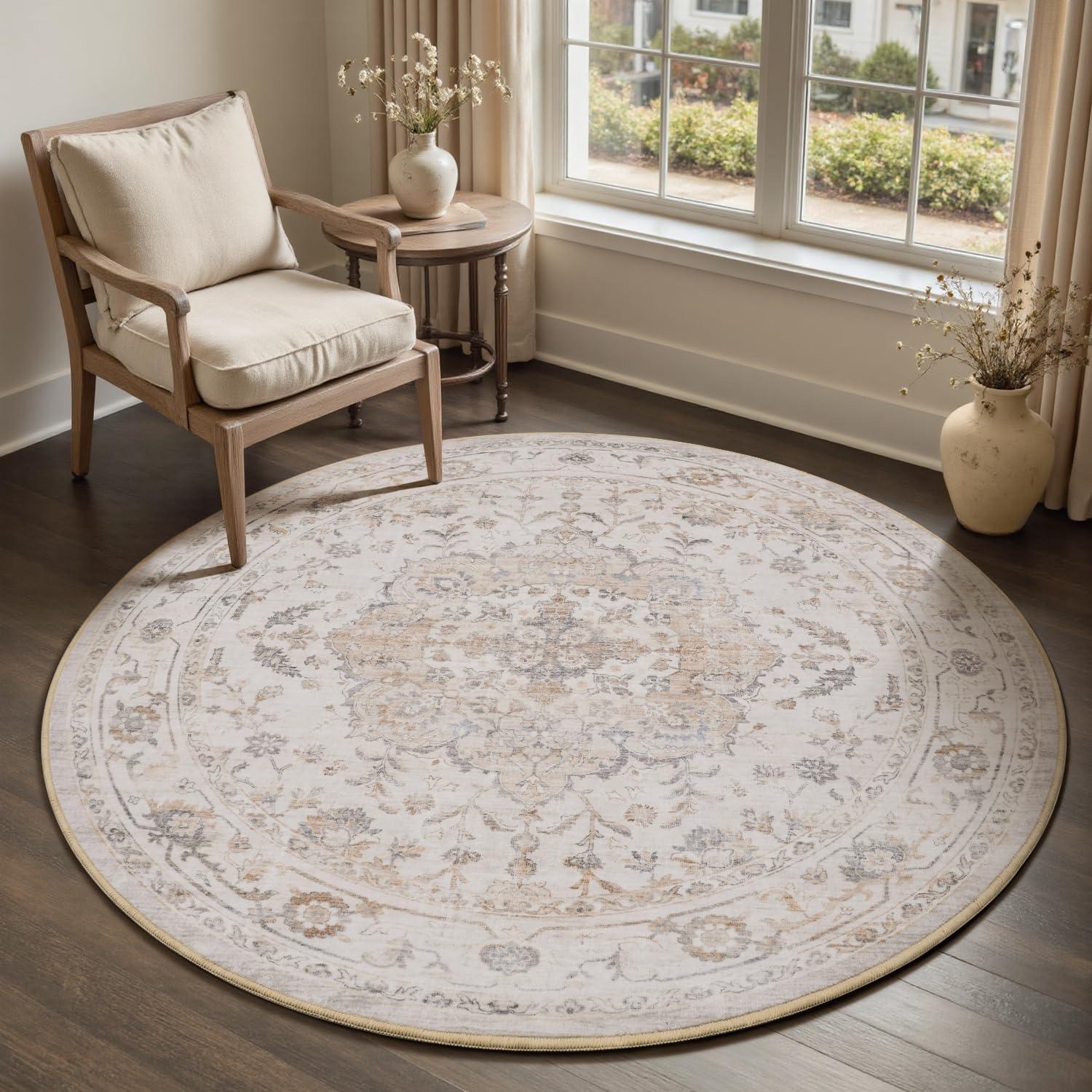 imagePADOORVintage Area Rug 5X7 Rugs for Living RoomSoft Beige Rugs for BedroomMachine Washable Rugs Non Slip CarpetRug for Dining Room Living Room Bedside OfficeBeige