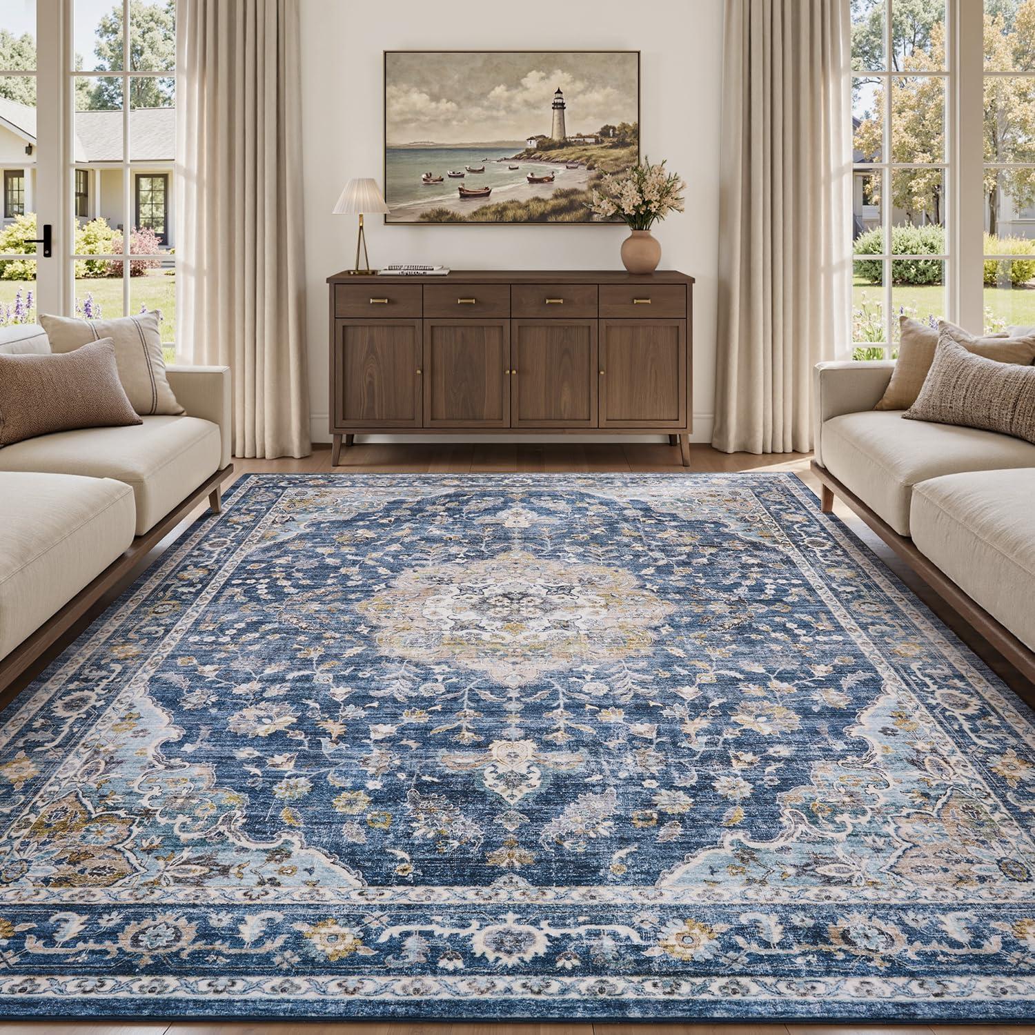 imagePADOORVintage Area Rug 5X7 Rugs for Living RoomSoft Beige Rugs for BedroomMachine Washable Rugs Non Slip CarpetRug for Dining Room Living Room Bedside OfficeBlue