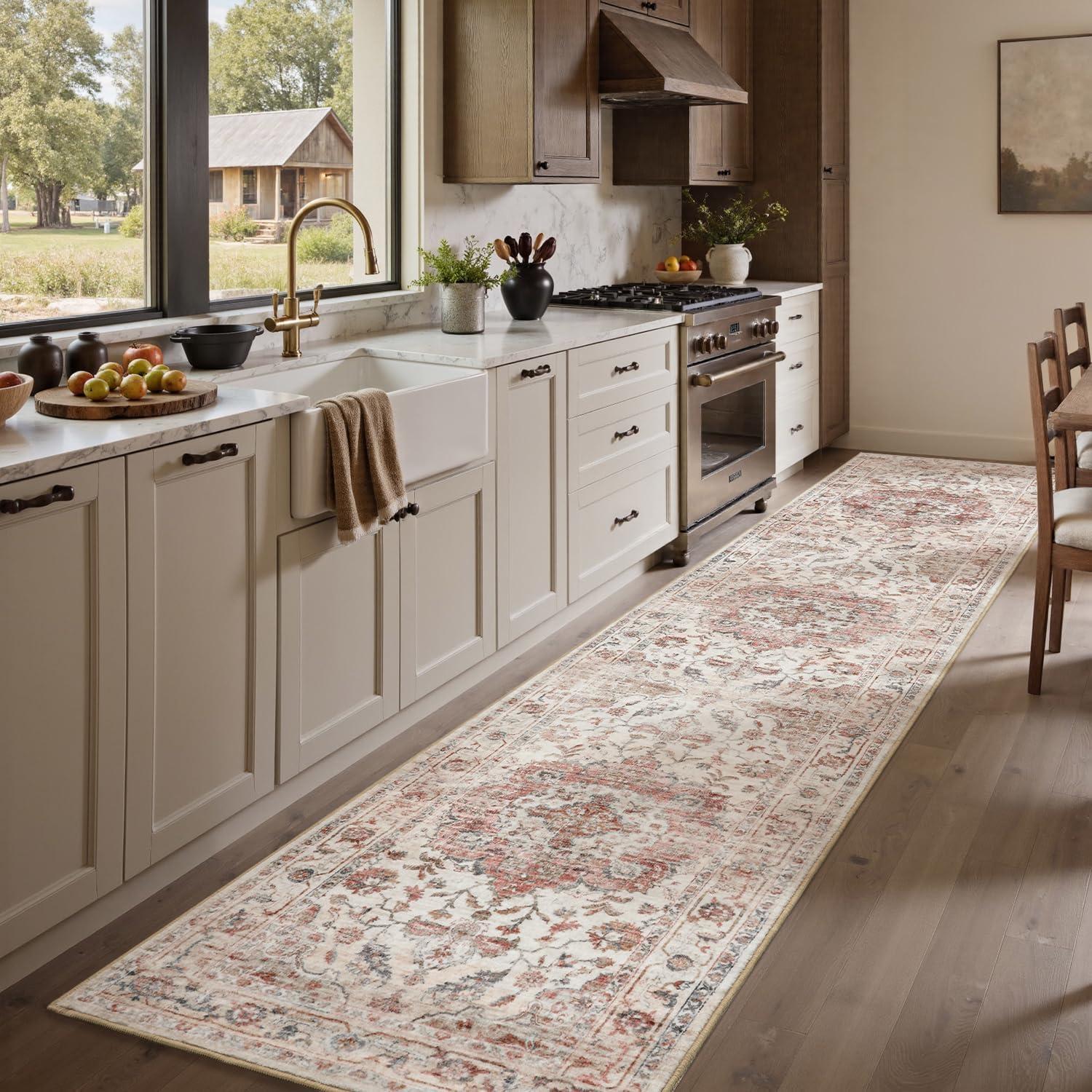 imagePADOORVintage Area Rug 5X7 Rugs for Living RoomSoft Beige Rugs for BedroomMachine Washable Rugs Non Slip CarpetRug for Dining Room Living Room Bedside OfficePink