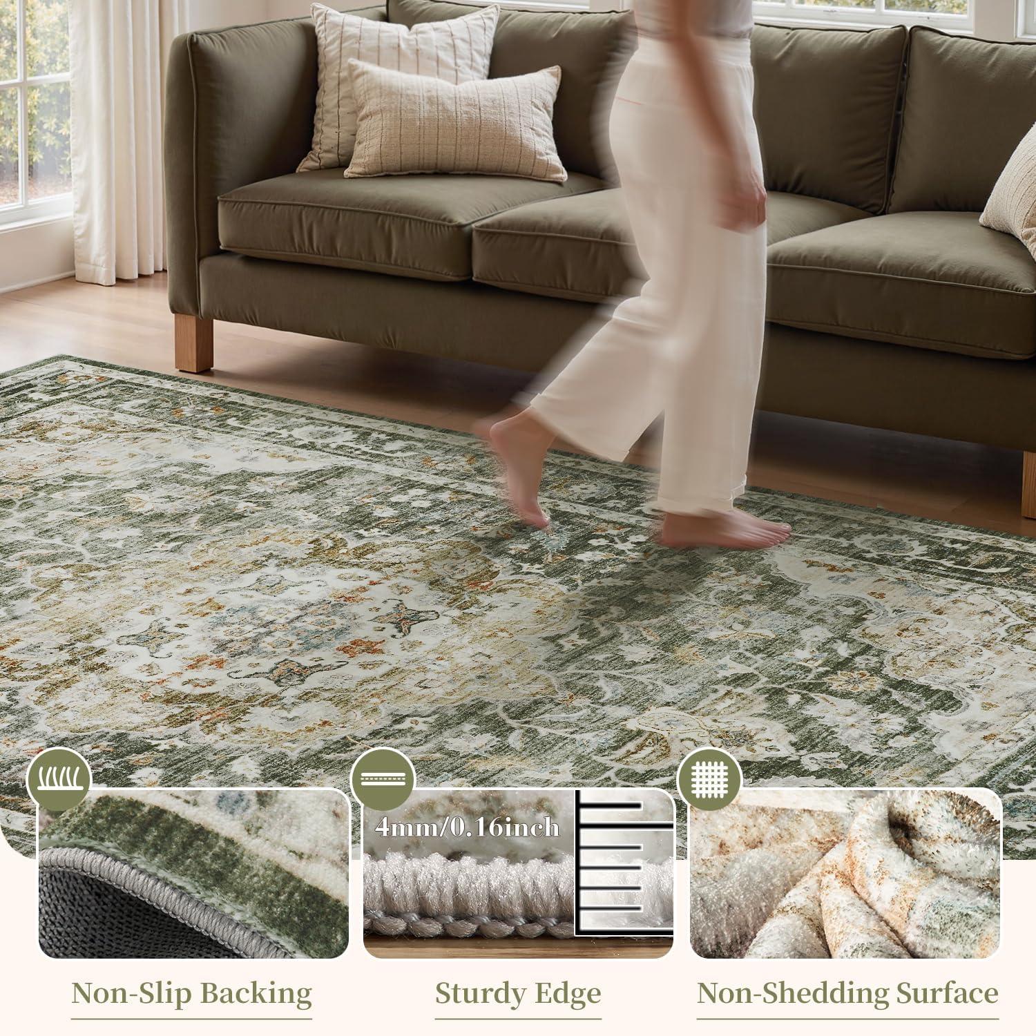 imagePADOORVintage Area Rug 5X7 Rugs for Living RoomSoft Beige Rugs for BedroomMachine Washable Rugs Non Slip CarpetRug for Dining Room Living Room Bedside OfficeOlive