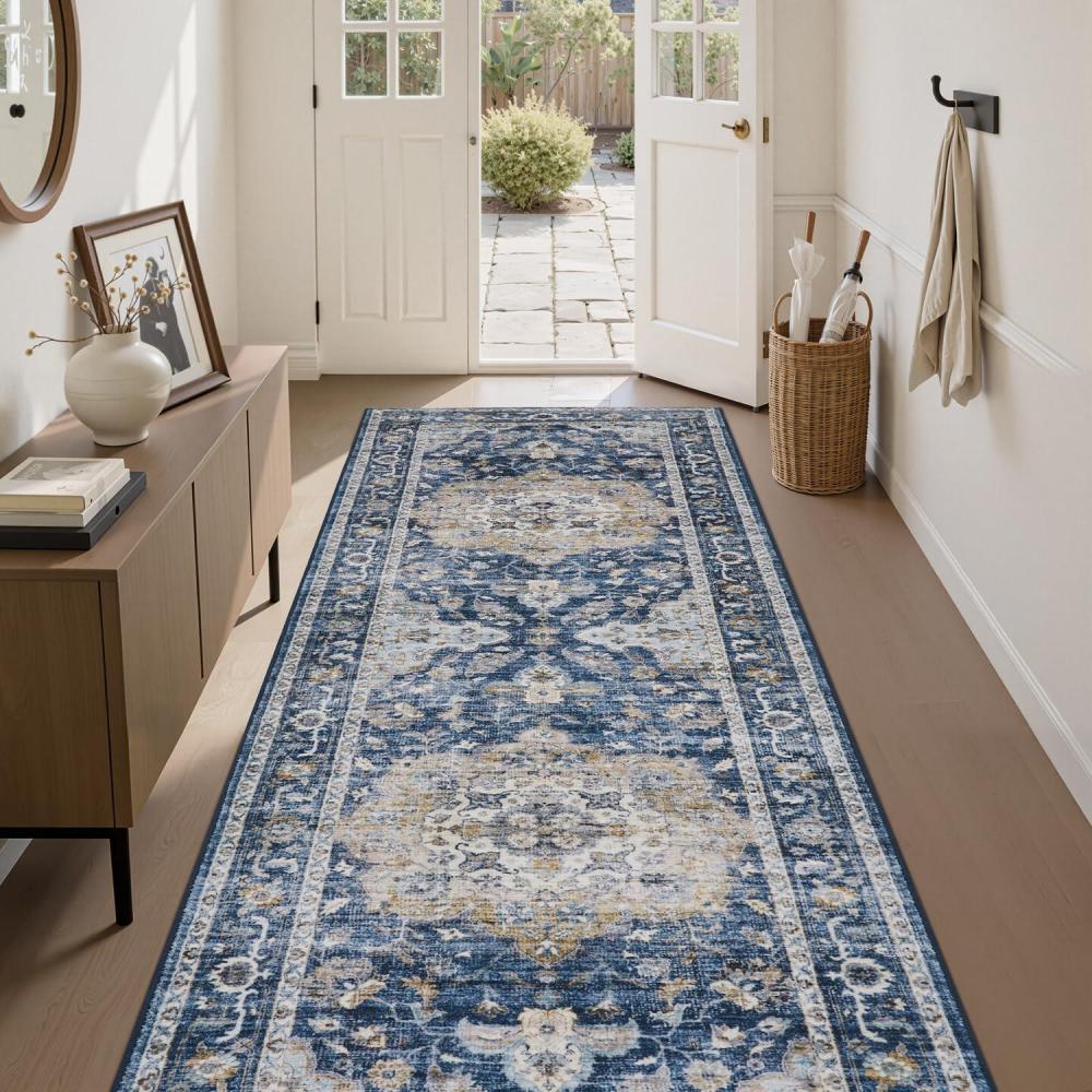 imagePADOORVintage Area Rug 5X7 Rugs for Living RoomSoft Beige Rugs for BedroomMachine Washable Rugs Non Slip CarpetRug for Dining Room Living Room Bedside OfficeBlue