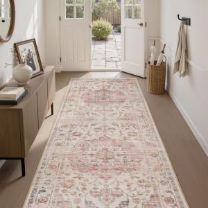imagePADOORVintage Area Rug 5X7 Rugs for Living RoomSoft Beige Rugs for BedroomMachine Washable Rugs Non Slip CarpetRug for Dining Room Living Room Bedside OfficePink