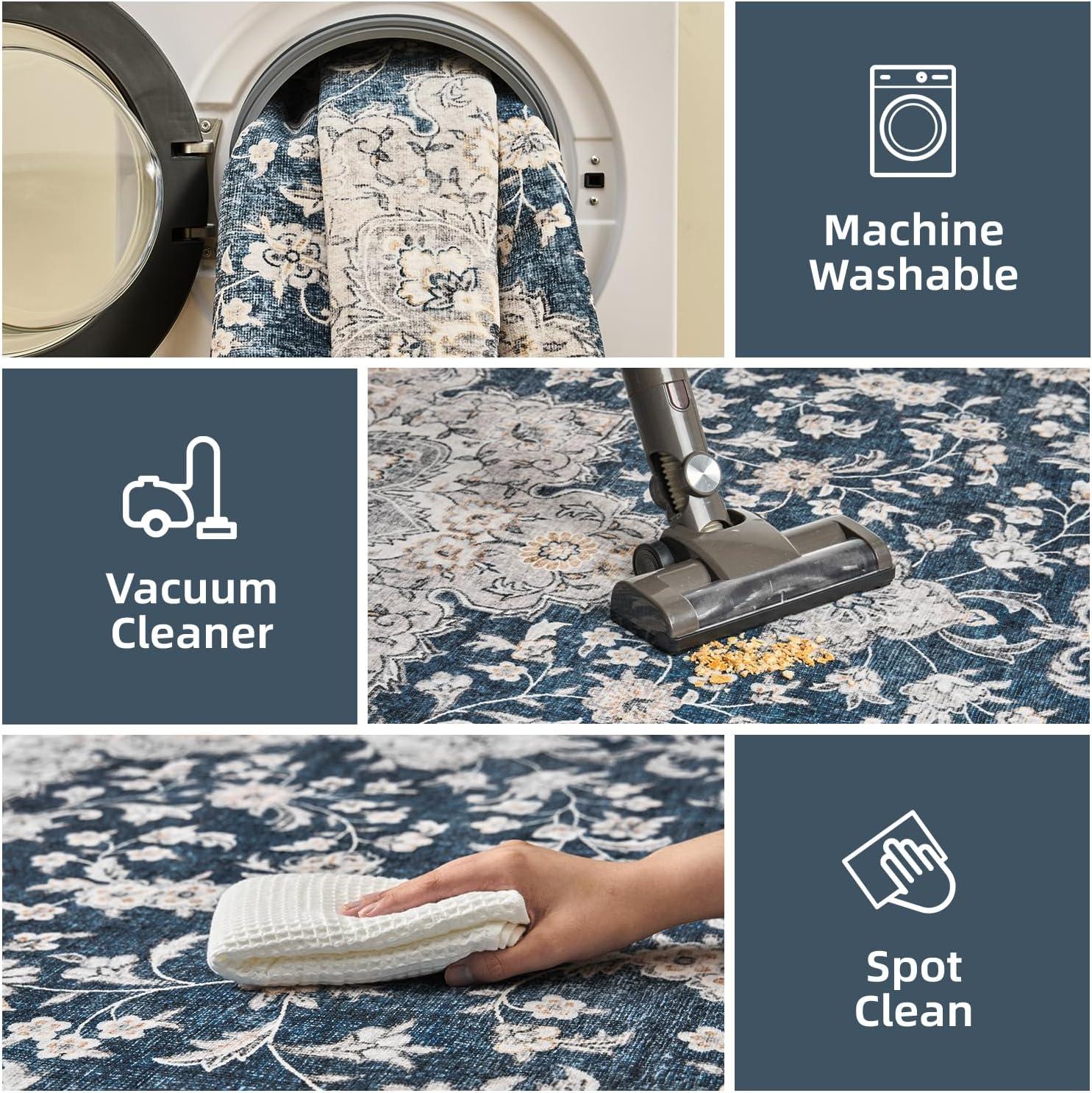 imageWashable Area Rug 2x6  Runner Rug for Hallways Non Slip Low Pile Floor Hallway Runner Carpet Ultra Soft Vintage Rug for Entryway Bedroom Beside Kitchen Home Indoor BlueBlue