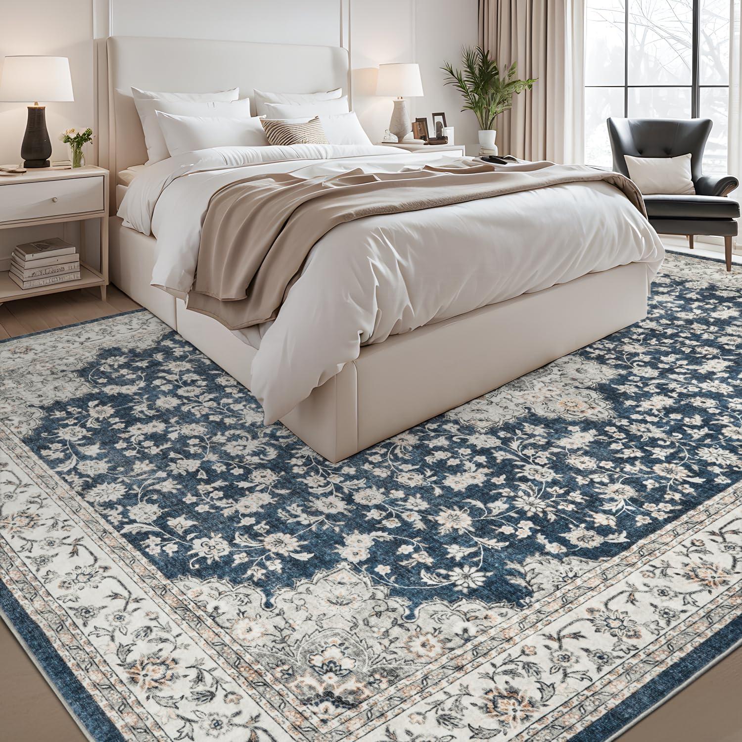 imageWashable Area Rug 2x6  Runner Rug for Hallways Non Slip Low Pile Floor Hallway Runner Carpet Ultra Soft Vintage Rug for Entryway Bedroom Beside Kitchen Home Indoor BlueBlue