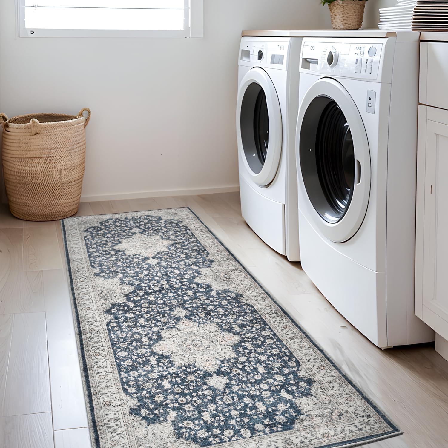 imageWashable Area Rug 2x6  Runner Rug for Hallways Non Slip Low Pile Floor Hallway Runner Carpet Ultra Soft Vintage Rug for Entryway Bedroom Beside Kitchen Home Indoor BlueBlue