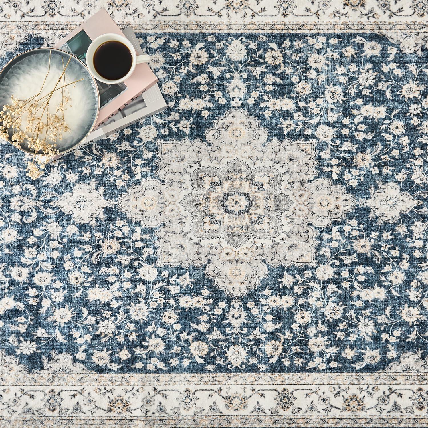 imageWashable Area Rug 2x6  Runner Rug for Hallways Non Slip Low Pile Floor Hallway Runner Carpet Ultra Soft Vintage Rug for Entryway Bedroom Beside Kitchen Home Indoor BlueBlue