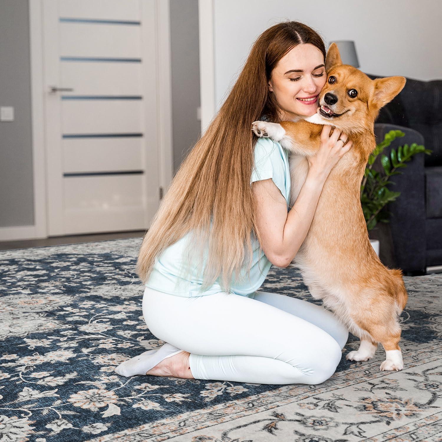 imageWashable Area Rug 2x6  Runner Rug for Hallways Non Slip Low Pile Floor Hallway Runner Carpet Ultra Soft Vintage Rug for Entryway Bedroom Beside Kitchen Home Indoor BlueBlue