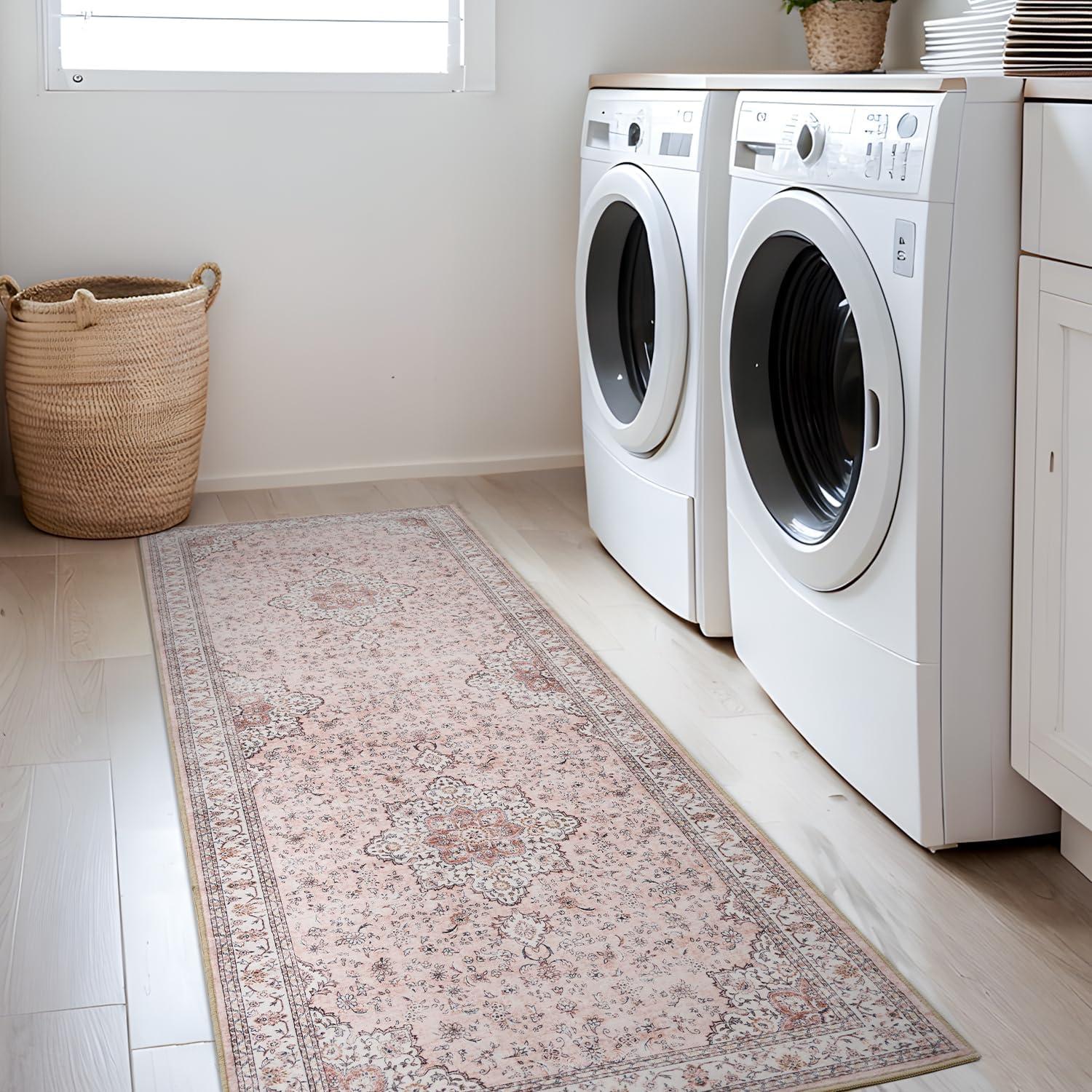 imageWashable Area Rug 2x6  Runner Rug for Hallways Non Slip Low Pile Floor Hallway Runner Carpet Ultra Soft Vintage Rug for Entryway Bedroom Beside Kitchen Home Indoor BluePink