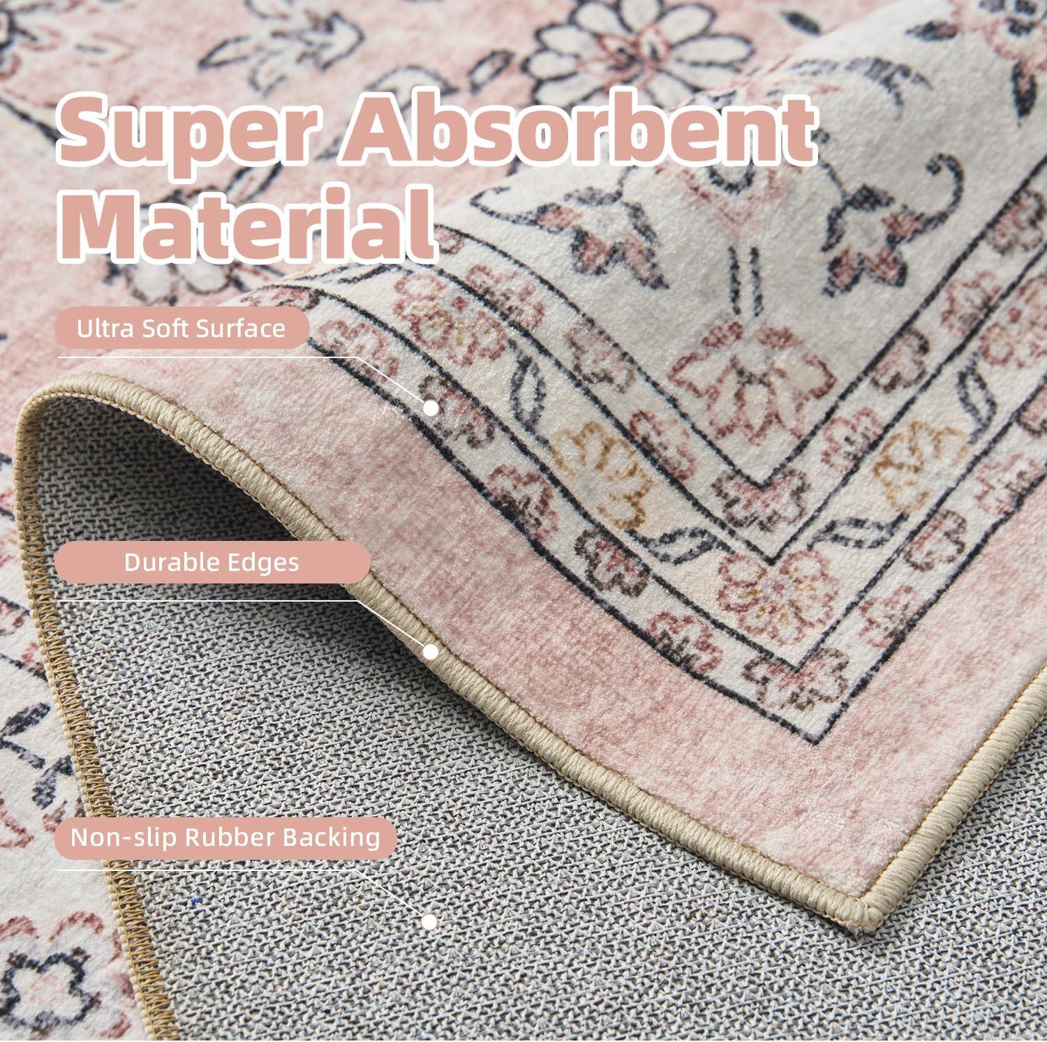 imageWashable Area Rug 2x6  Runner Rug for Hallways Non Slip Low Pile Floor Hallway Runner Carpet Ultra Soft Vintage Rug for Entryway Bedroom Beside Kitchen Home Indoor BluePink