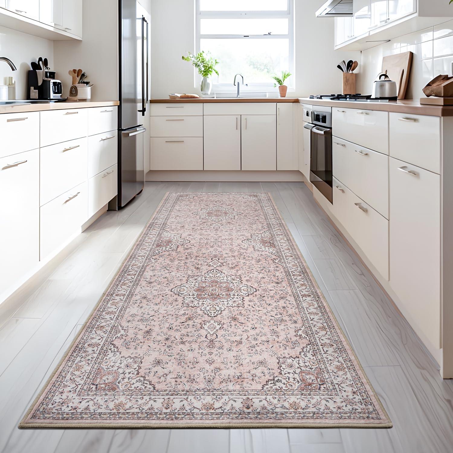 imageWashable Area Rug 2x6  Runner Rug for Hallways Non Slip Low Pile Floor Hallway Runner Carpet Ultra Soft Vintage Rug for Entryway Bedroom Beside Kitchen Home Indoor BluePink