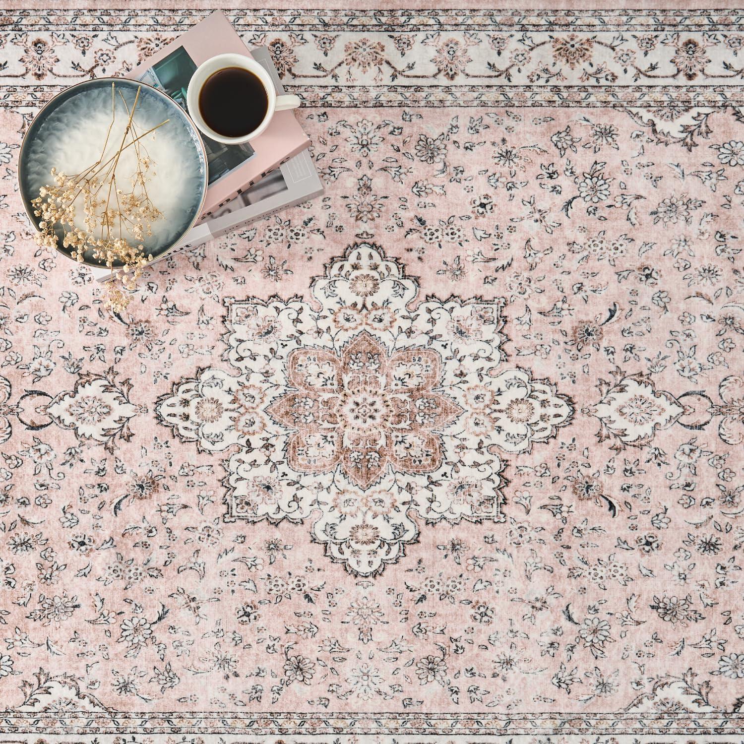 imageWashable Area Rug 2x6  Runner Rug for Hallways Non Slip Low Pile Floor Hallway Runner Carpet Ultra Soft Vintage Rug for Entryway Bedroom Beside Kitchen Home Indoor BluePink