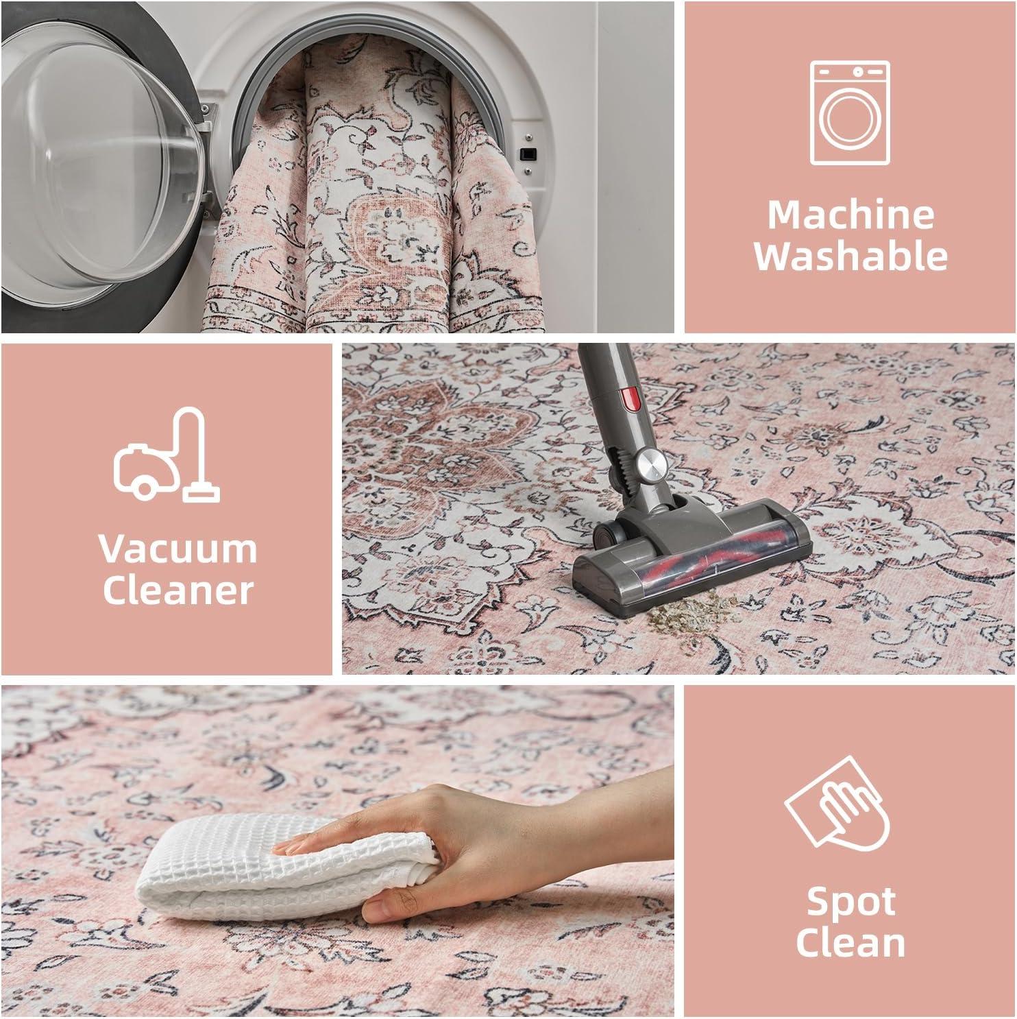 imageWashable Area Rug 2x6  Runner Rug for Hallways Non Slip Low Pile Floor Hallway Runner Carpet Ultra Soft Vintage Rug for Entryway Bedroom Beside Kitchen Home Indoor BluePink