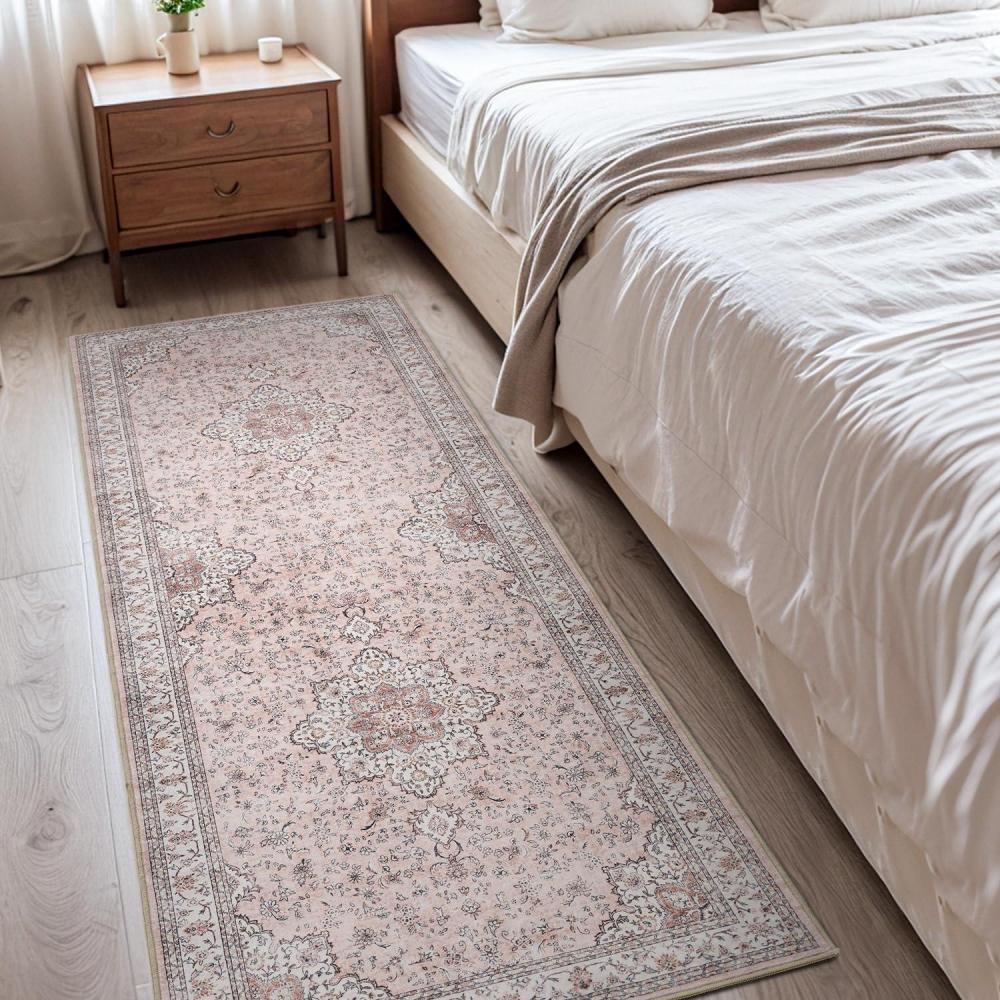 imageWashable Area Rug 2x6  Runner Rug for Hallways Non Slip Low Pile Floor Hallway Runner Carpet Ultra Soft Vintage Rug for Entryway Bedroom Beside Kitchen Home Indoor BluePink