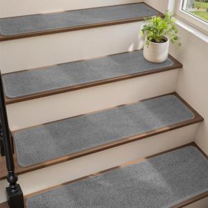 imagePADOOR Stair Treads for Wooden Steps 15PC Peel and Stick Stair Treads Non Slip Indoor Durable Stair Runners Residue Free Washable Stair Carpet Treads for Kids and Dogs 8quotx30quot GreyGrey