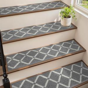 imagePADOOR Stair Treads for Wooden Steps 15PC Peel and Stick Stair Treads Non Slip Indoor Durable Stair Runners Residue Free Washable Stair Carpet Treads for Kids and Dogs 8quotx30quot GreyDiamond Grey