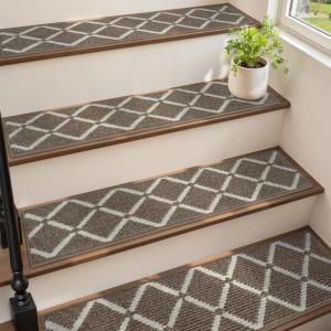 imagePADOOR Stair Treads for Wooden Steps 15PC Peel and Stick Stair Treads Non Slip Indoor Durable Stair Runners Residue Free Washable Stair Carpet Treads for Kids and Dogs 8quotx30quot GreyDiamond Brown