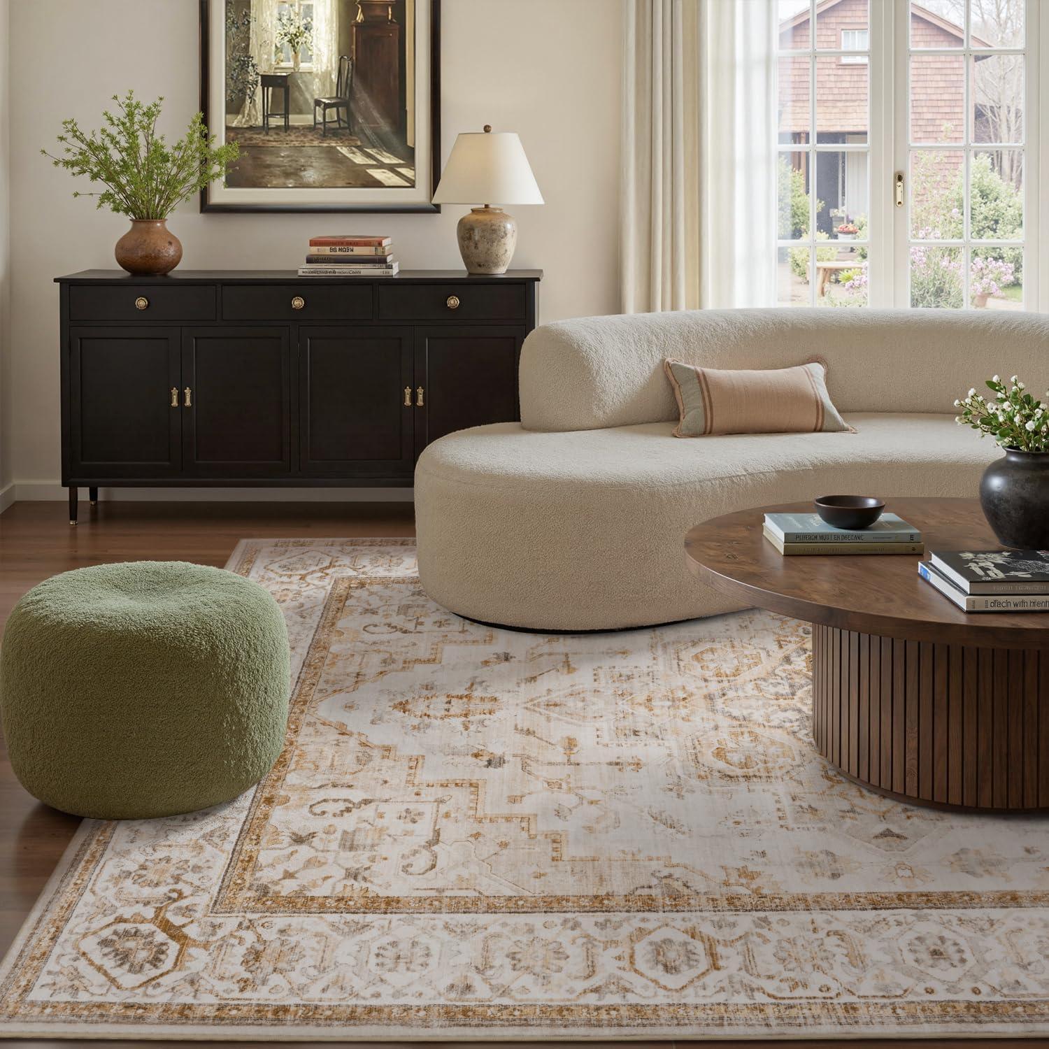 imagePADOORArea Rug 5X7 Rugs for Living RoomVintage Soft Green Rugs for BedroomMachine Washable Non Slip Rug for Dining Room Living Room Bedroom OfficeBeige