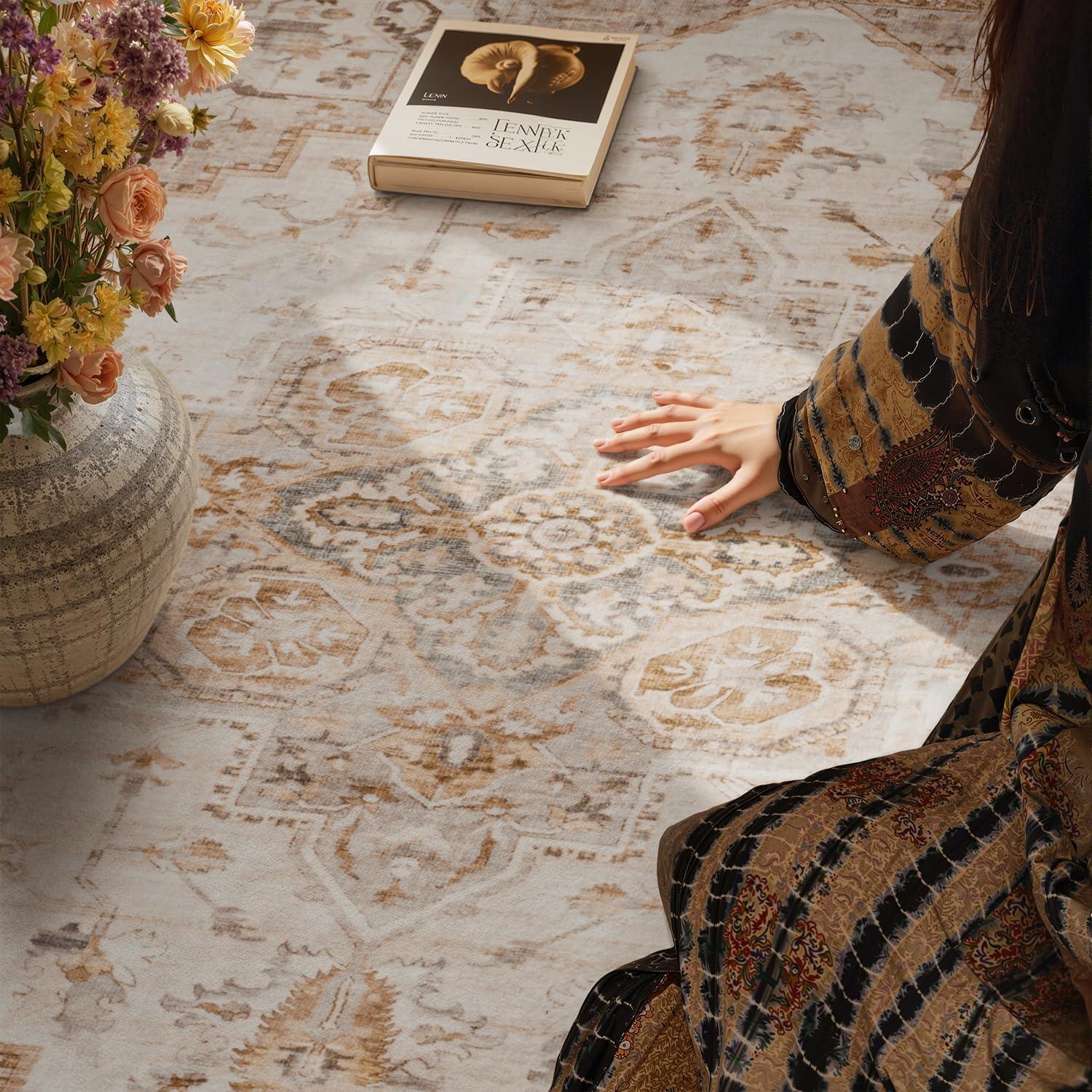 imagePADOORArea Rug 5X7 Rugs for Living RoomVintage Soft Green Rugs for BedroomMachine Washable Non Slip Rug for Dining Room Living Room Bedroom OfficeBeige