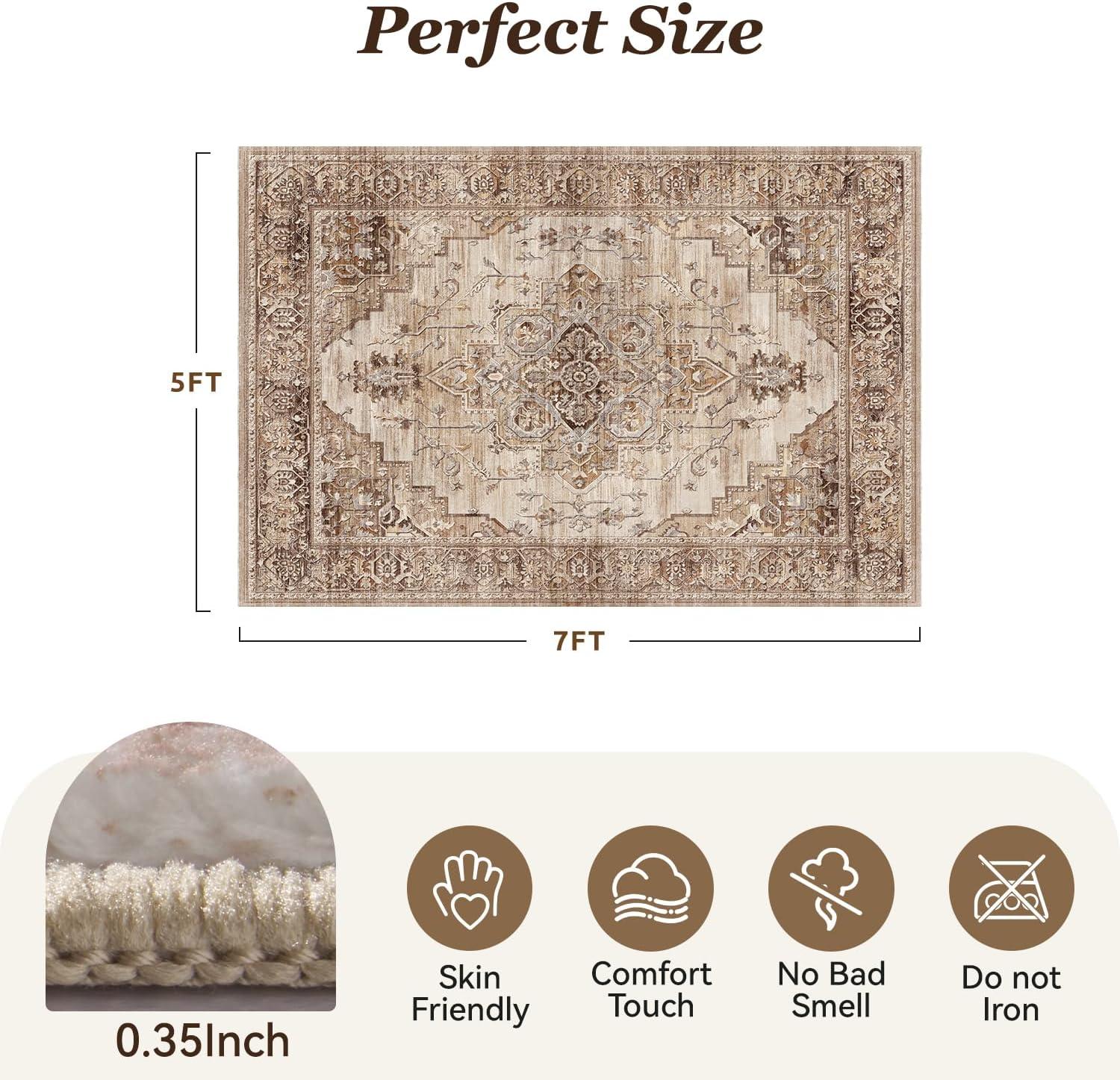 imagePADOORArea Rug 5X7 Rugs for Living RoomVintage Soft Green Rugs for BedroomMachine Washable Non Slip Rug for Dining Room Living Room Bedroom OfficeBrown