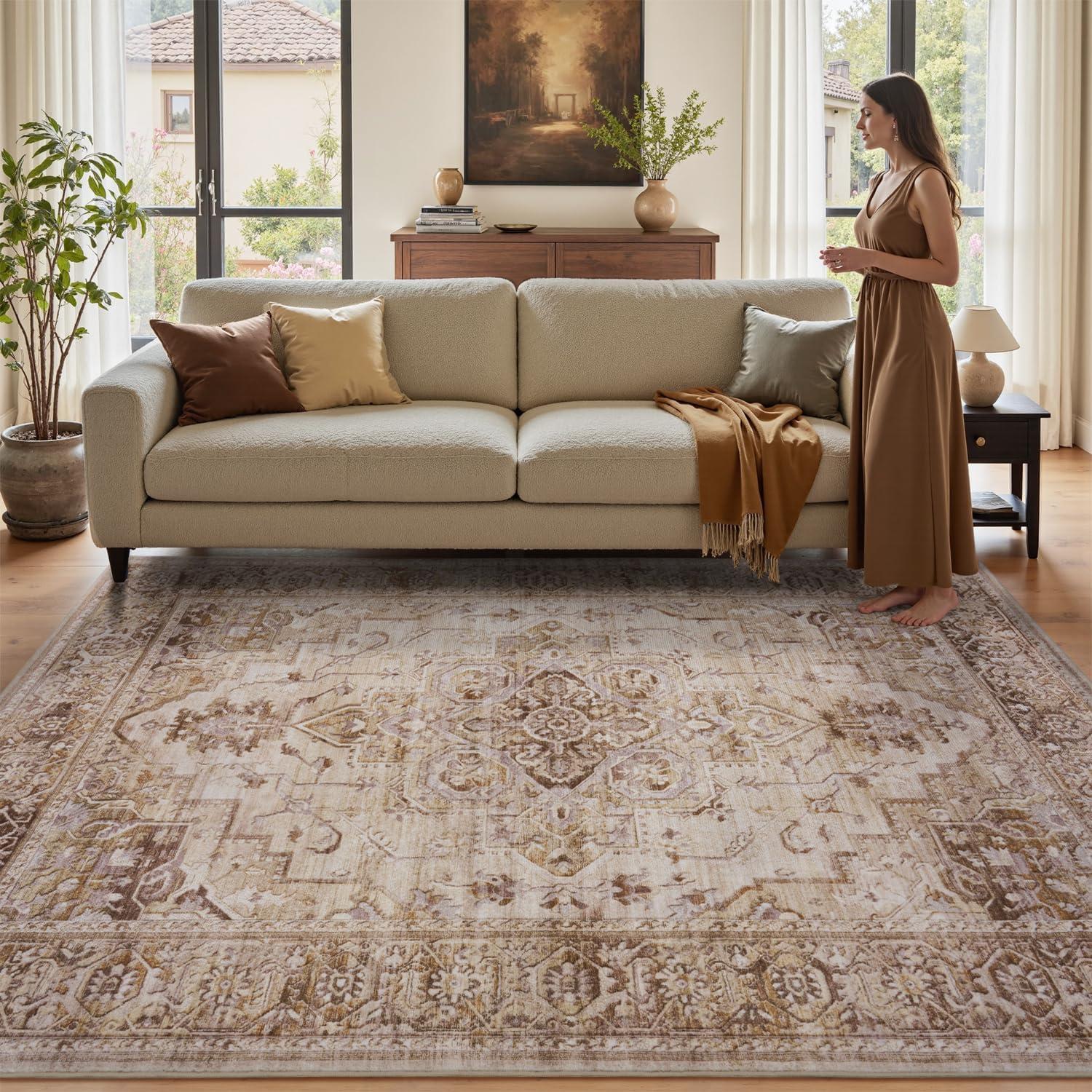 imagePADOORArea Rug 5X7 Rugs for Living RoomVintage Soft Green Rugs for BedroomMachine Washable Non Slip Rug for Dining Room Living Room Bedroom OfficeBrown