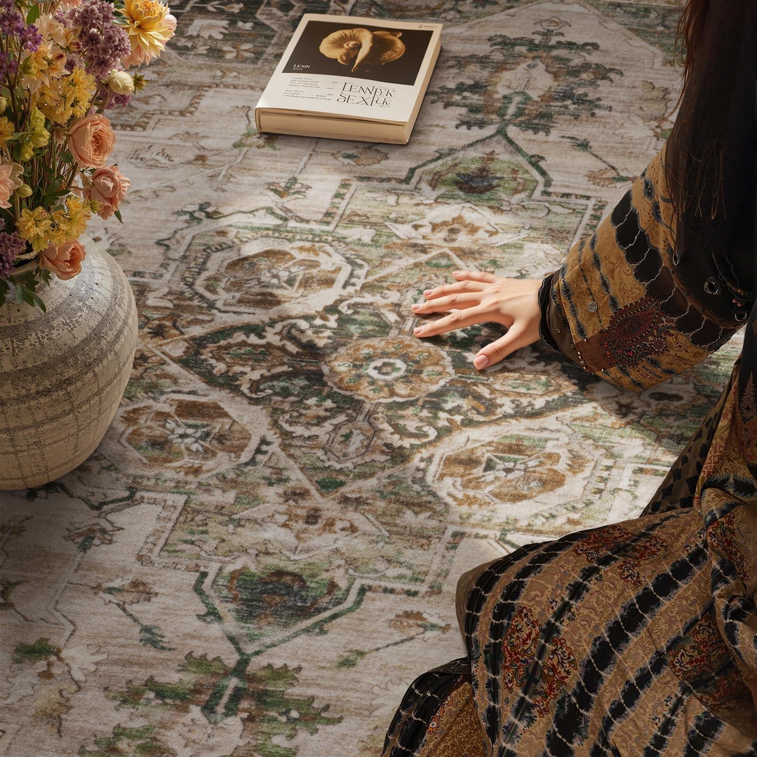 imagePADOORArea Rug 5X7 Rugs for Living RoomVintage Soft Green Rugs for BedroomMachine Washable Non Slip Rug for Dining Room Living Room Bedroom OfficeGreen